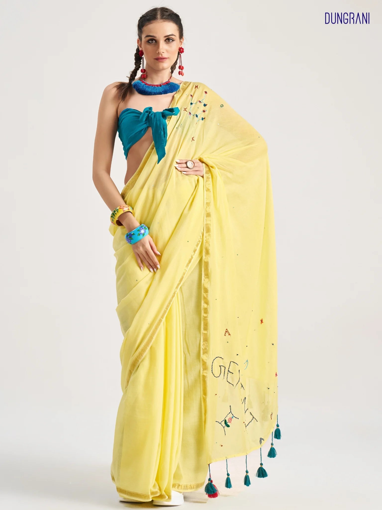 YELLOW VISCOSE MUL GEMINI VEDIC ZODIAC THREAD WORK SAREES
