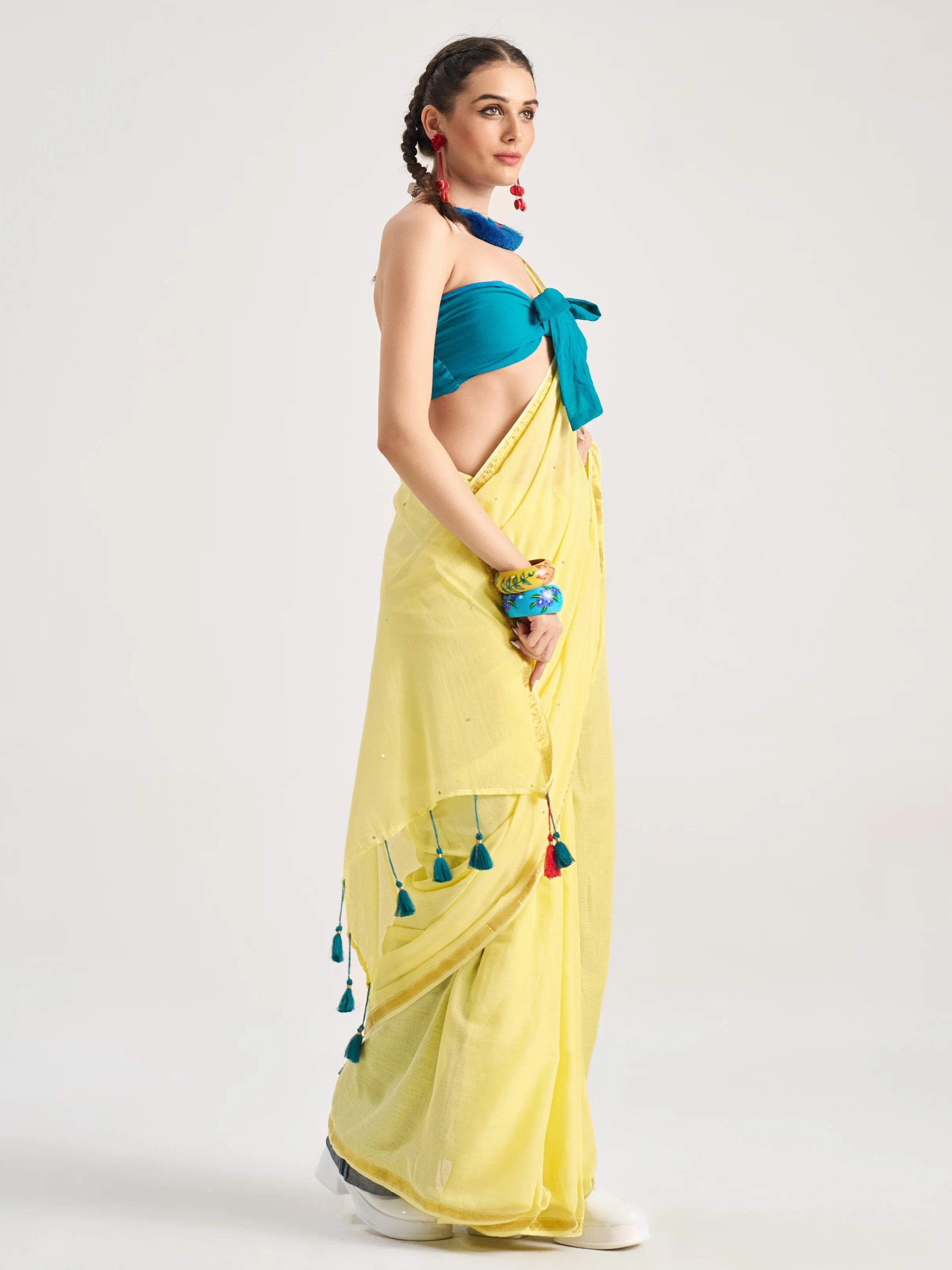 YELLOW MULMUL COTTON GEMINI VEDIC ZODIAC THREAD WORK SAREES