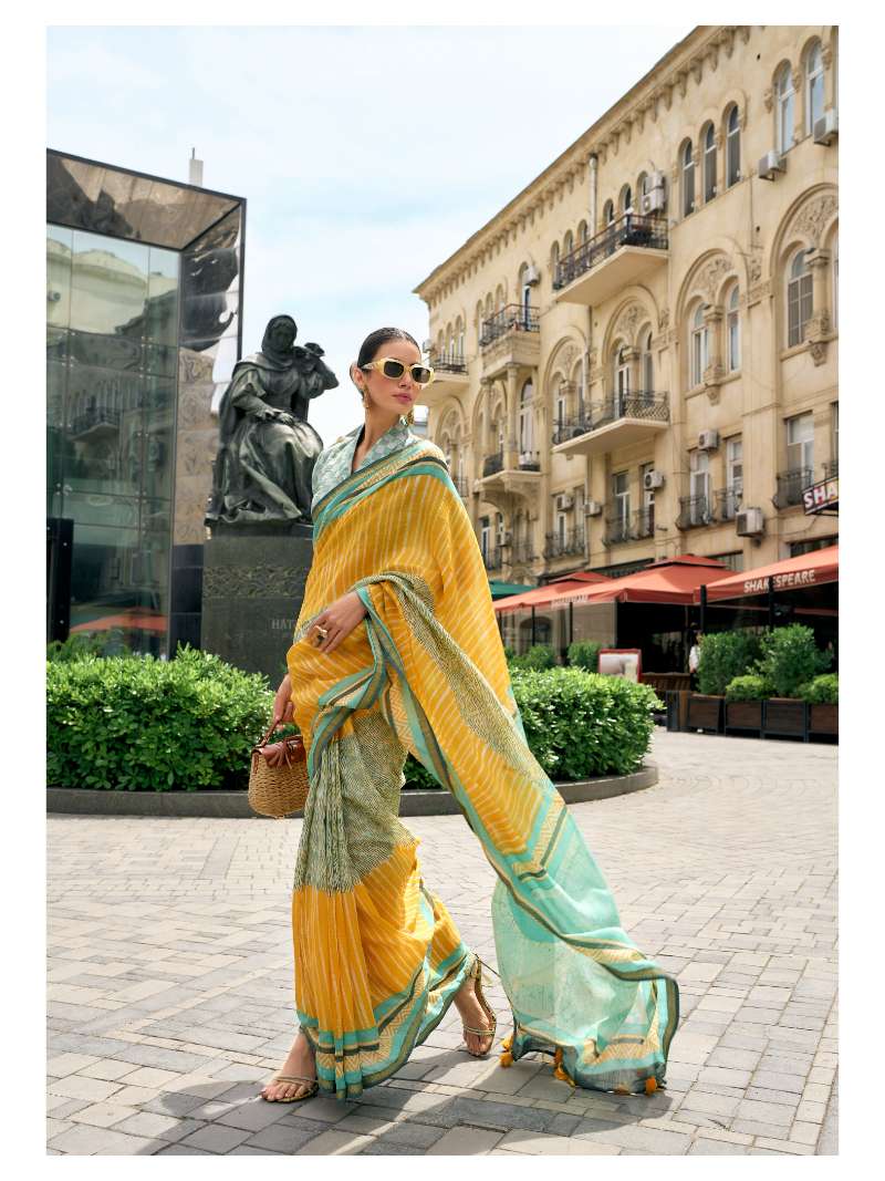 YELLOW VISCOSE MUL LIVA BLOCK PRINTED SAREE
