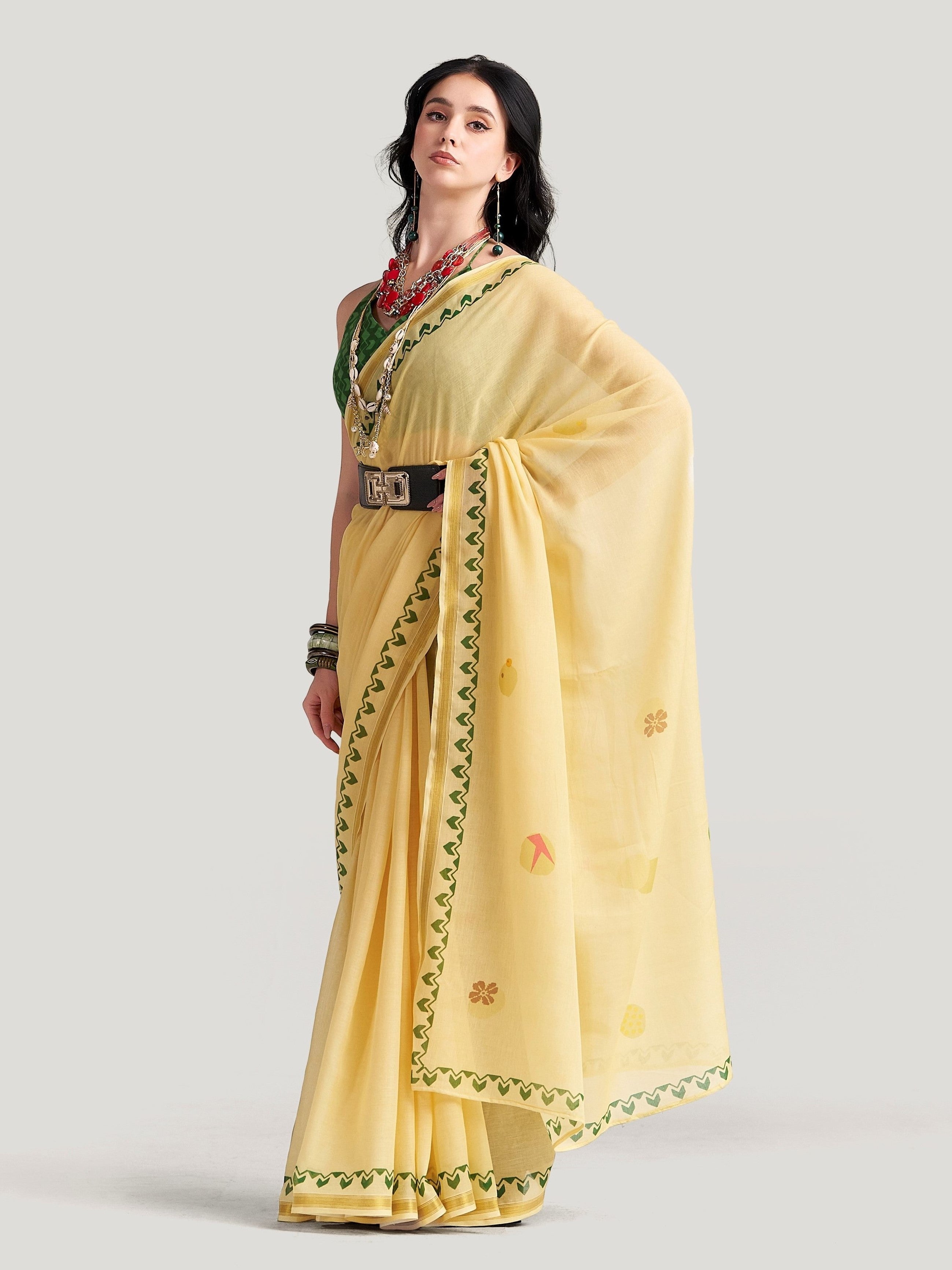 YELLOW VISCOSE MUL LIVA DIGITAL PRINTED SAREE