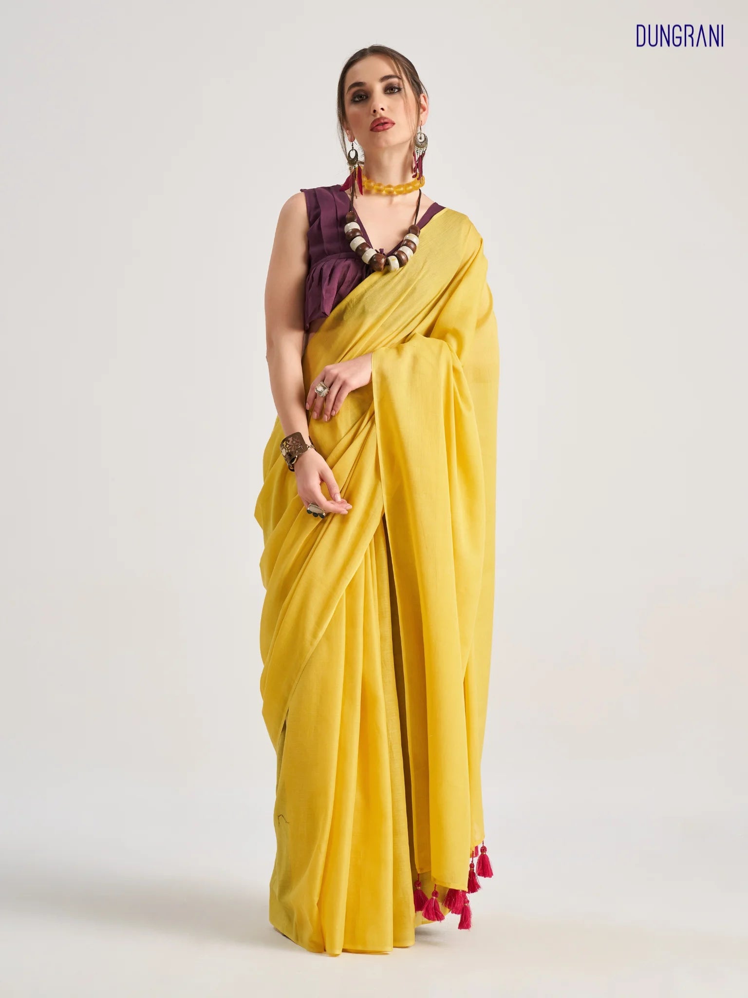 YELLOW VISCOSE MUL LIVA SOLID SAREE