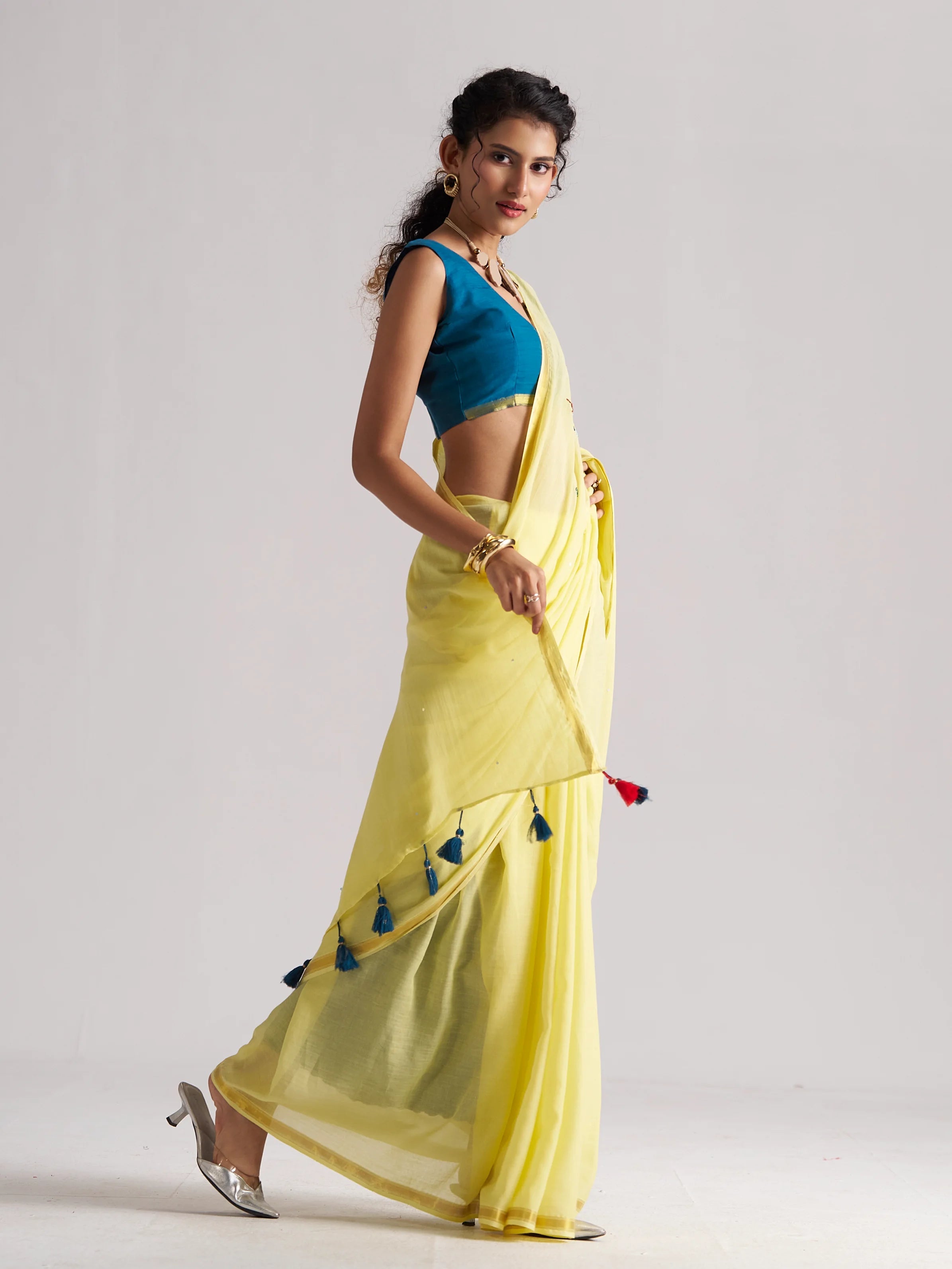 YELLOW VISCOSE MUL THREAD WORK SAREES