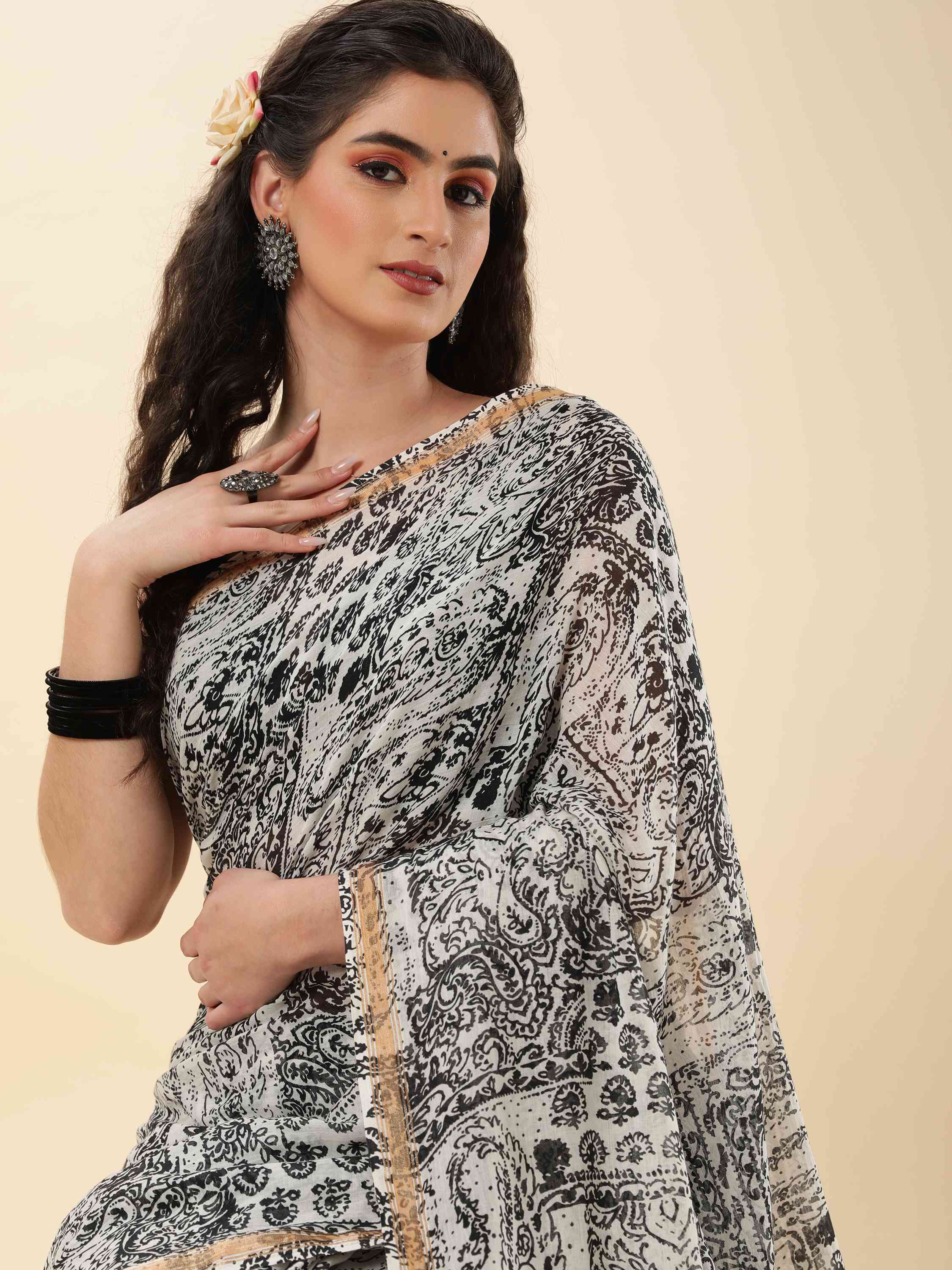 COTTON X LIVA MONOCHROME PAISLEY PRINTED SAREE