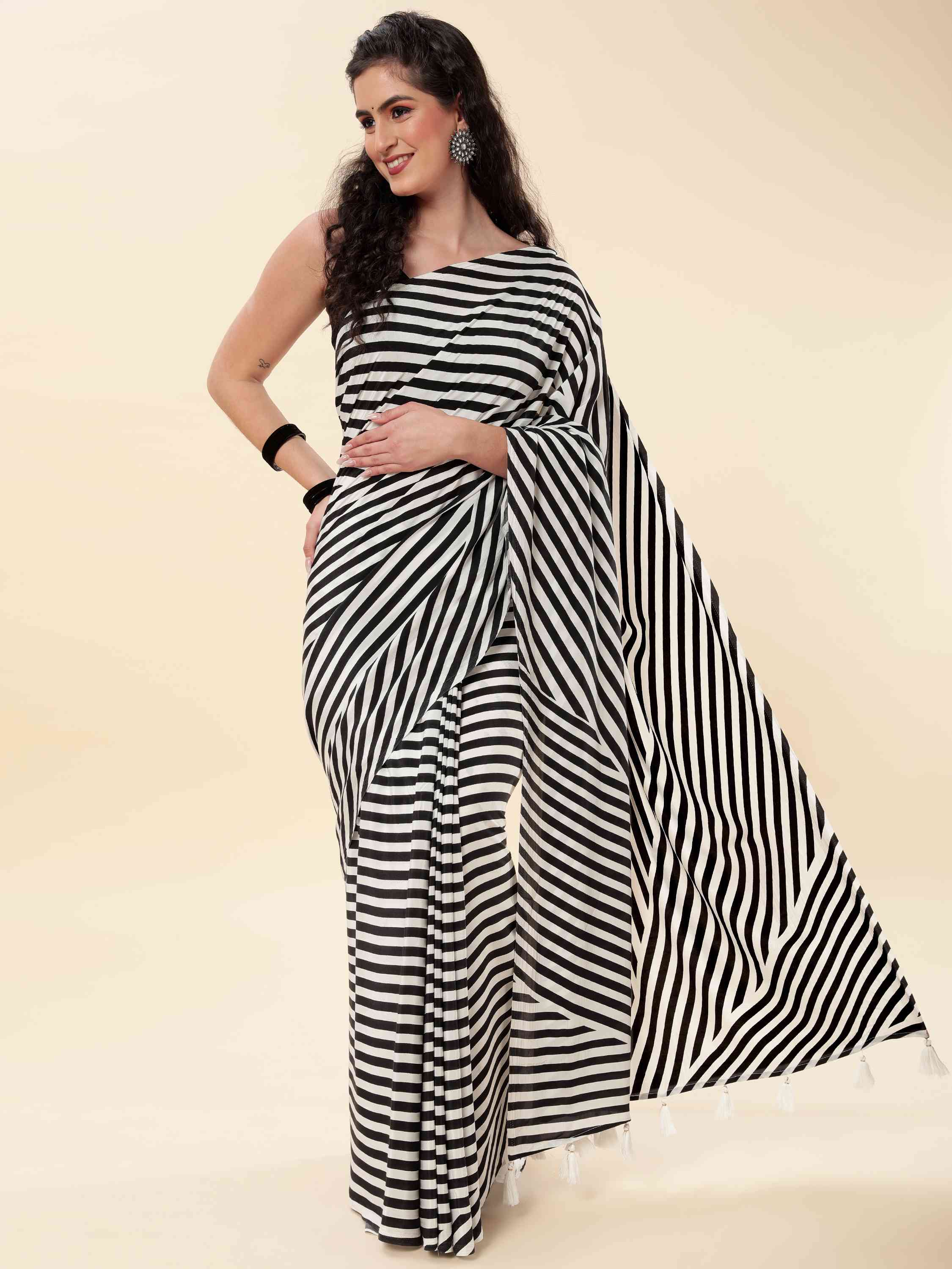 NATURAL CREPE STRIPPED MONOCHROME SAREE