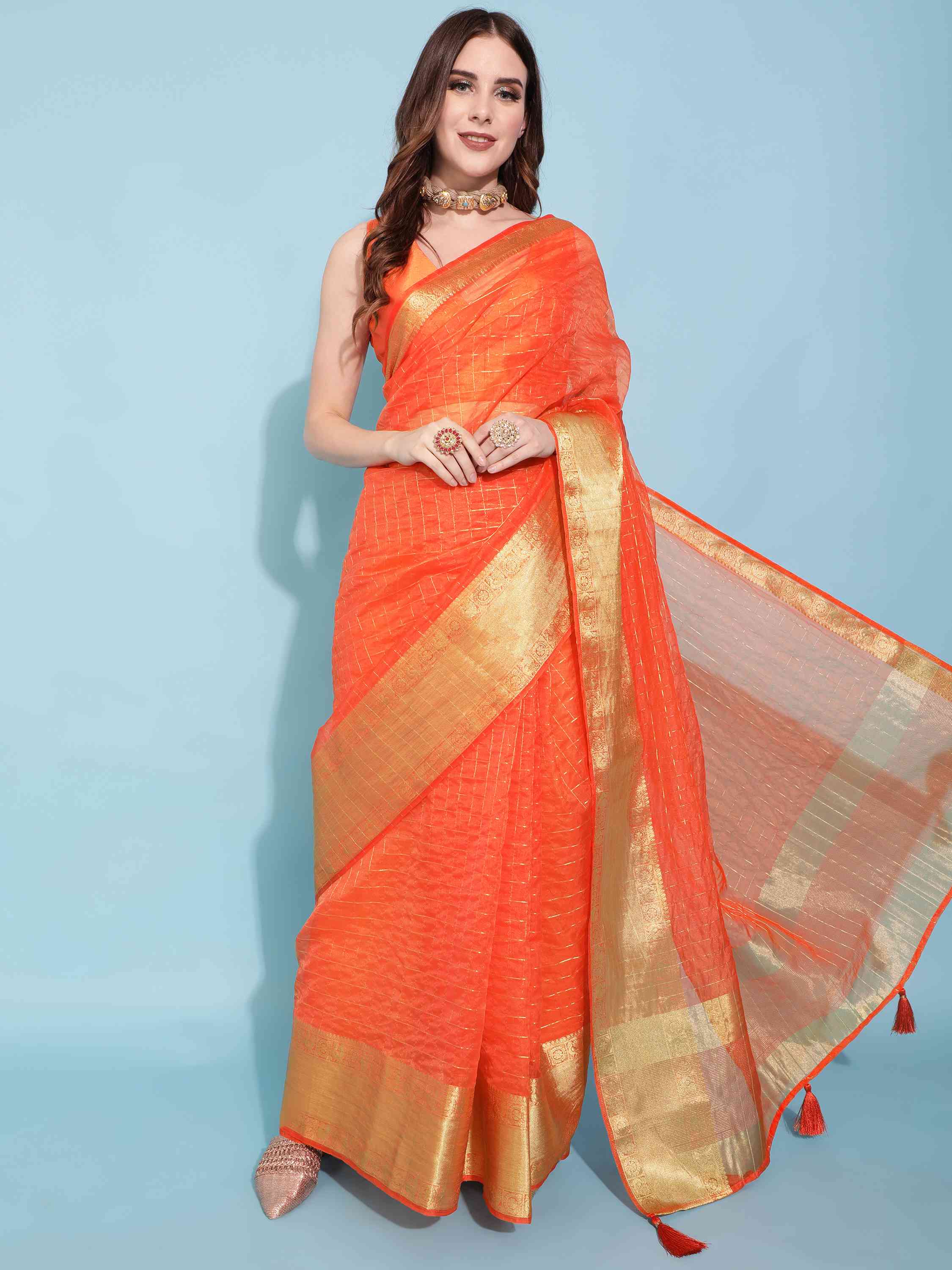 DUNGRANI ORANGE ORGANZA CHEX SAREE WITH BLOUSE