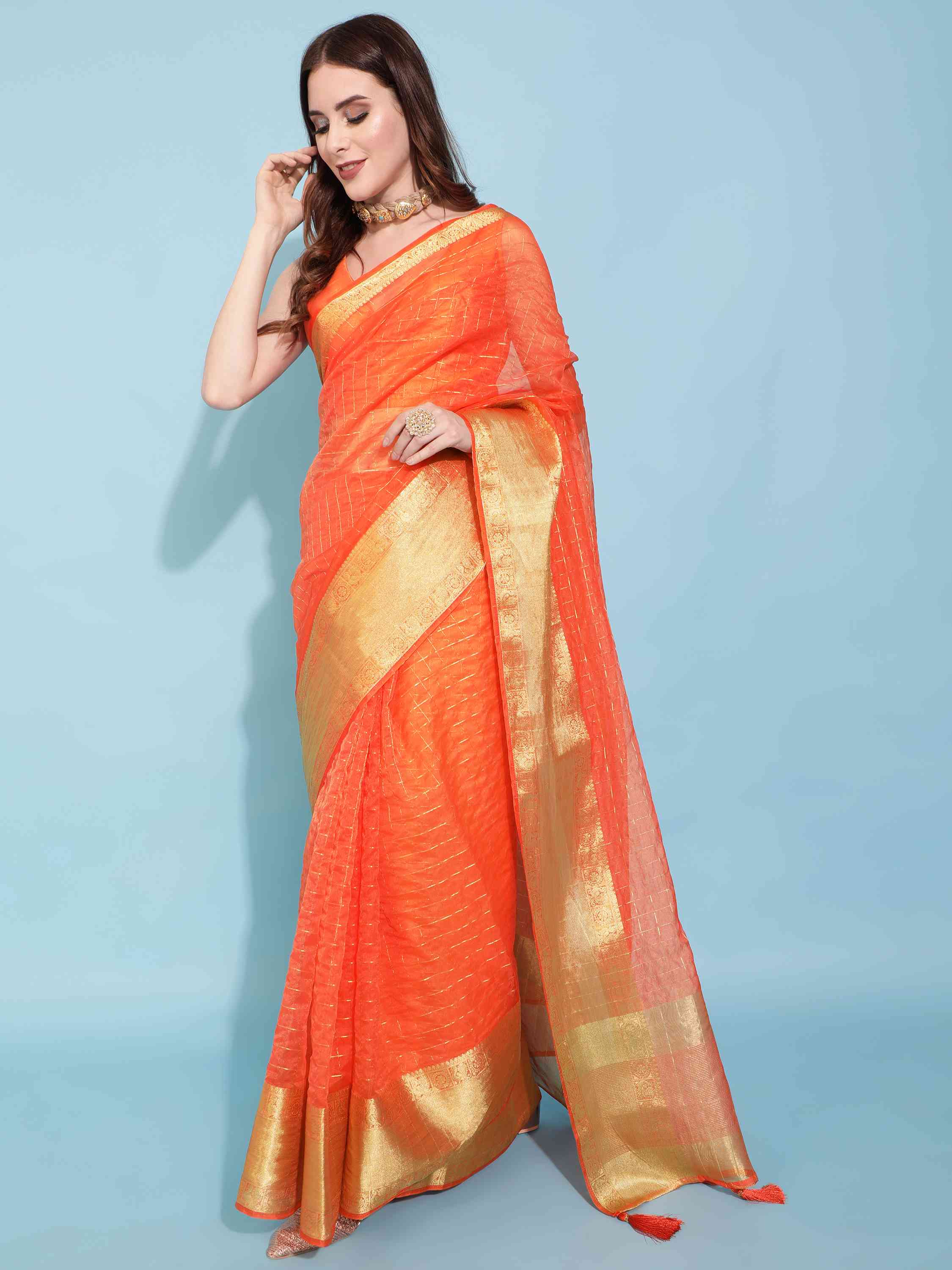 DUNGRANI ORANGE ORGANZA CHEX SAREE WITH BLOUSE