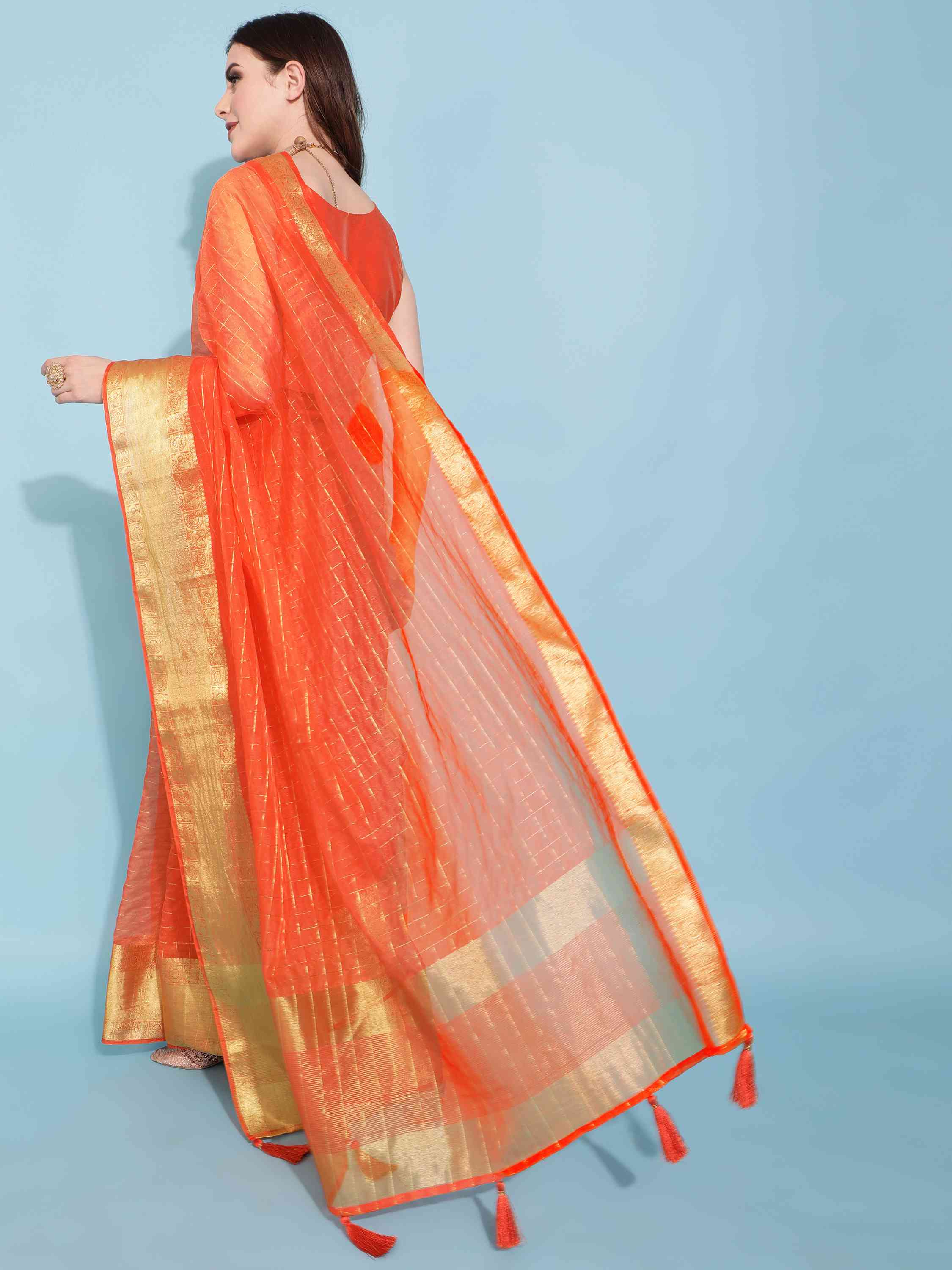 DUNGRANI ORANGE ORGANZA CHEX SAREE WITH BLOUSE