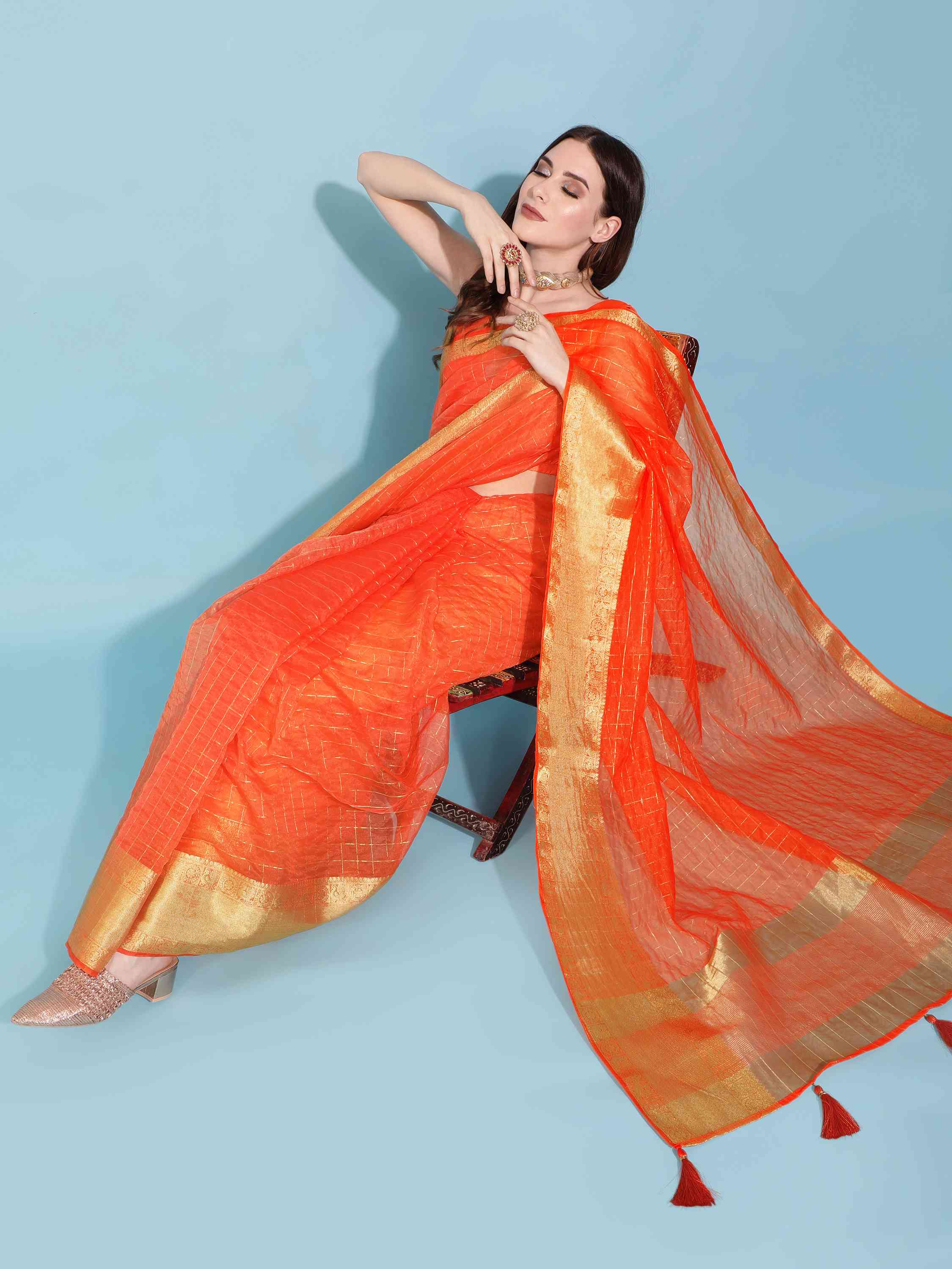 DUNGRANI ORANGE ORGANZA CHEX SAREE WITH BLOUSE