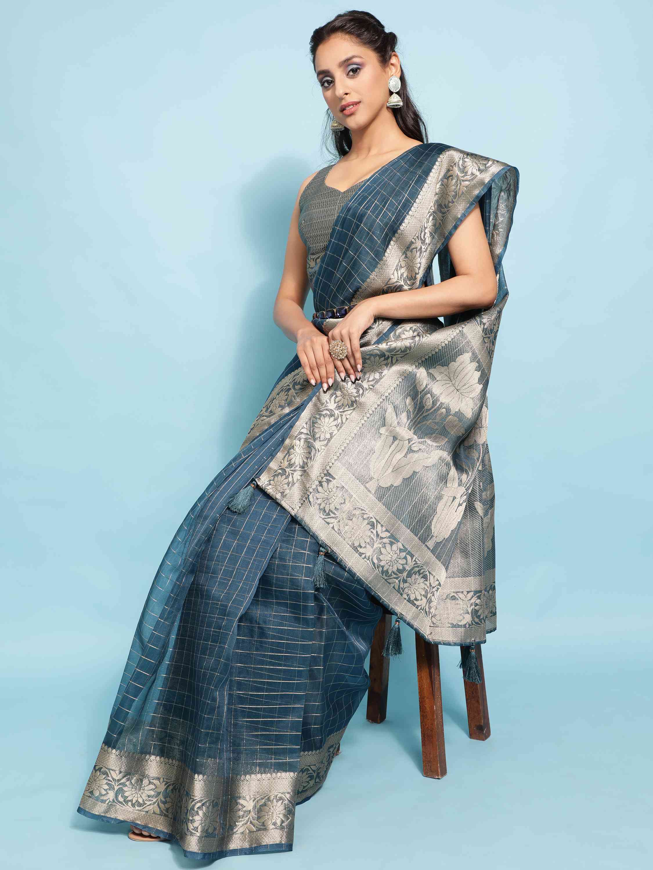 ROYAL BLUE BANARASI ORGANZA CHEX SILK SAREE