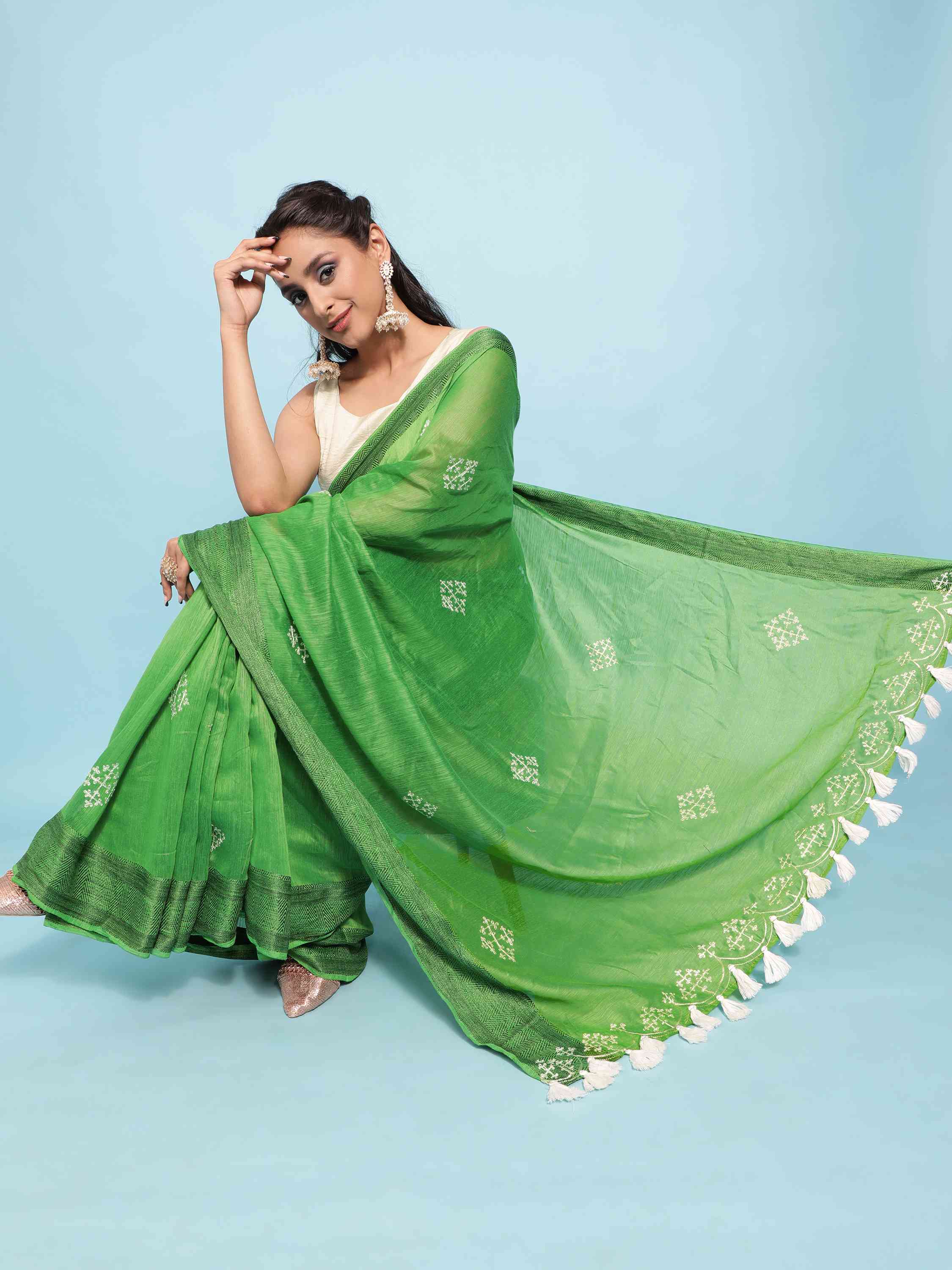 GREEN COTTON SILK SAREE WITH BLOUSE