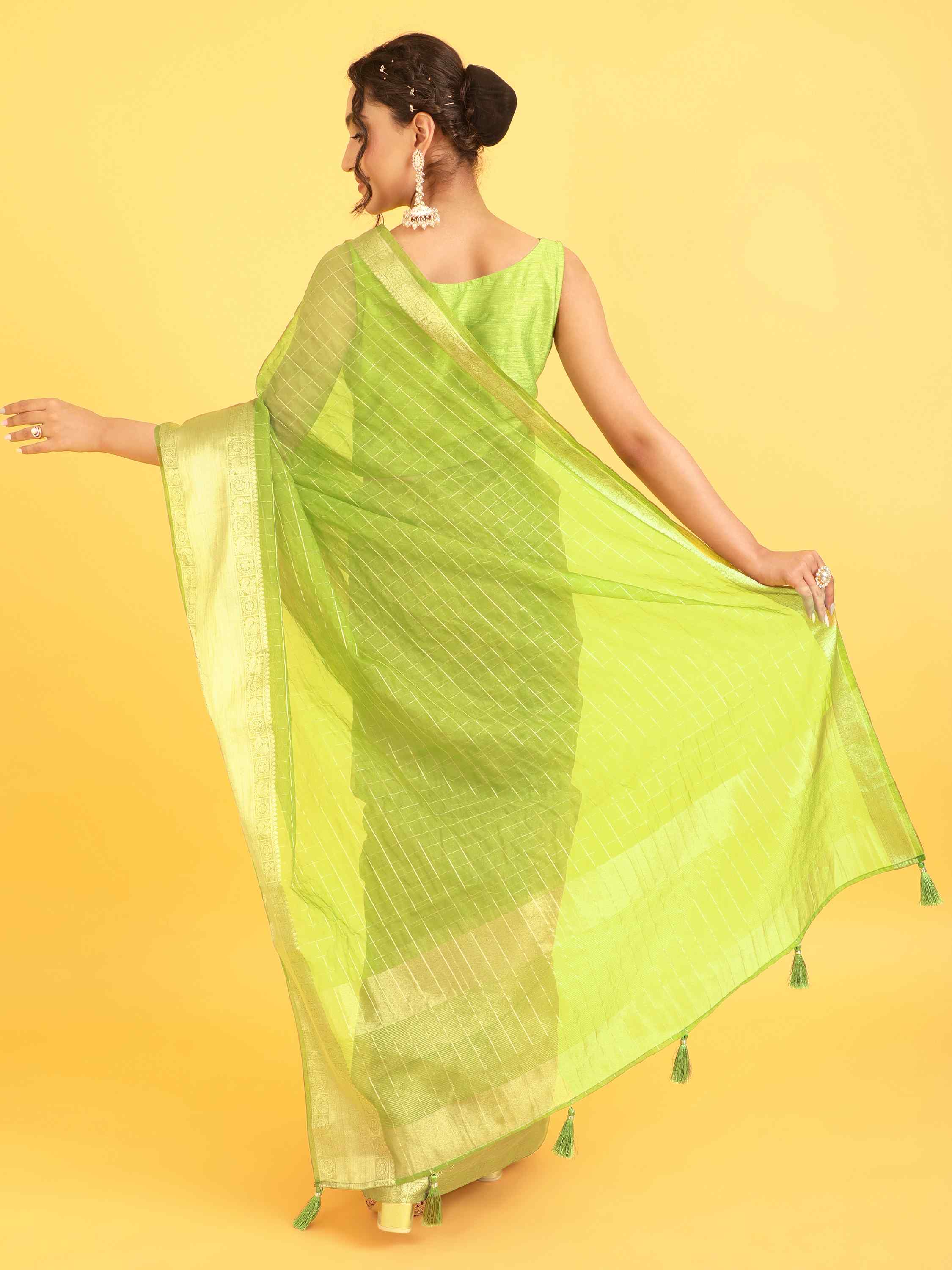 DUNGRANI GREEN ORGANZA CHEX SAREE WITH BLOUSE