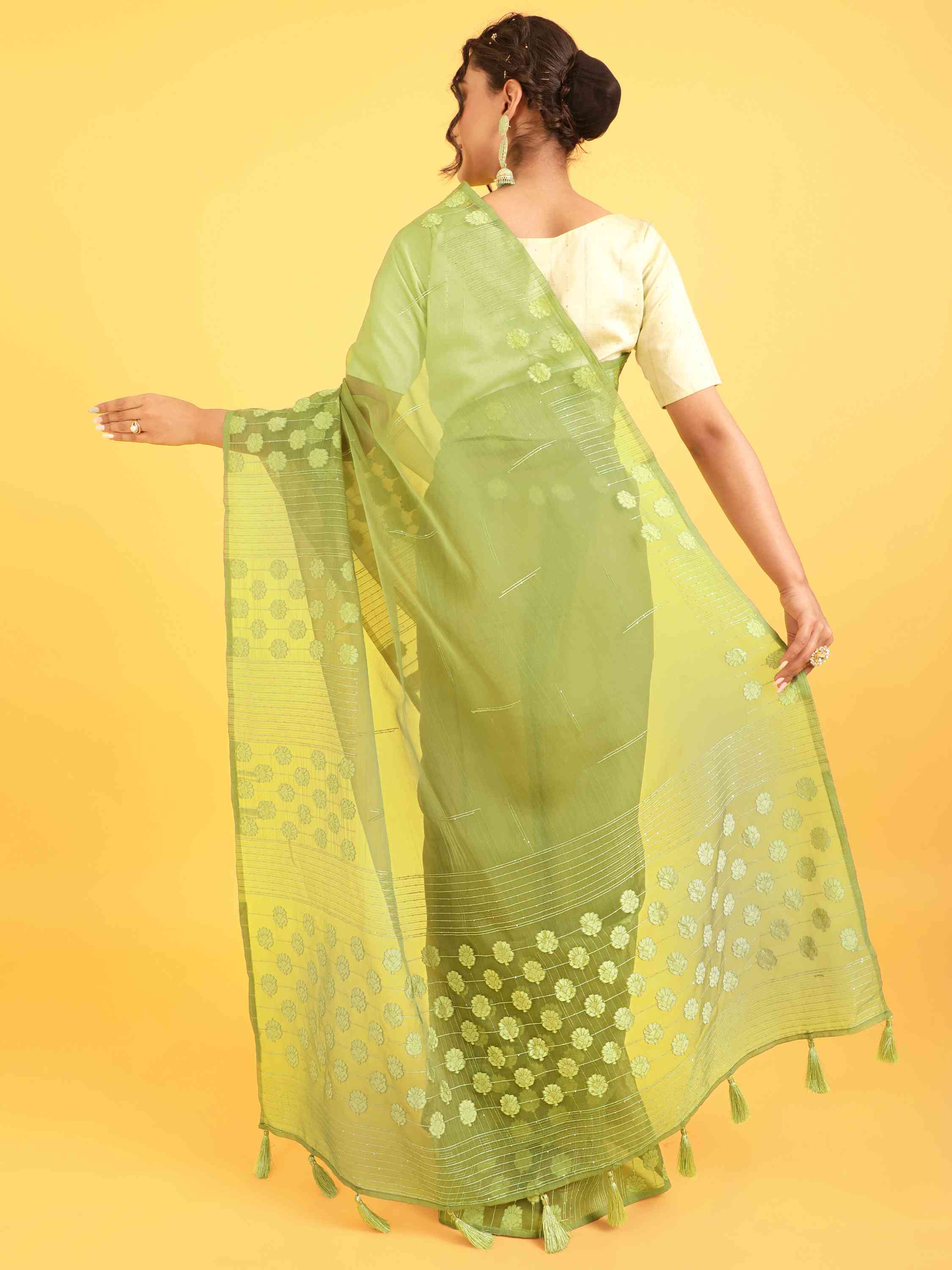 DUNGRANI MARIGOLD GEEEN FEEZY ORGANZA SAREE WITH BLOUSE