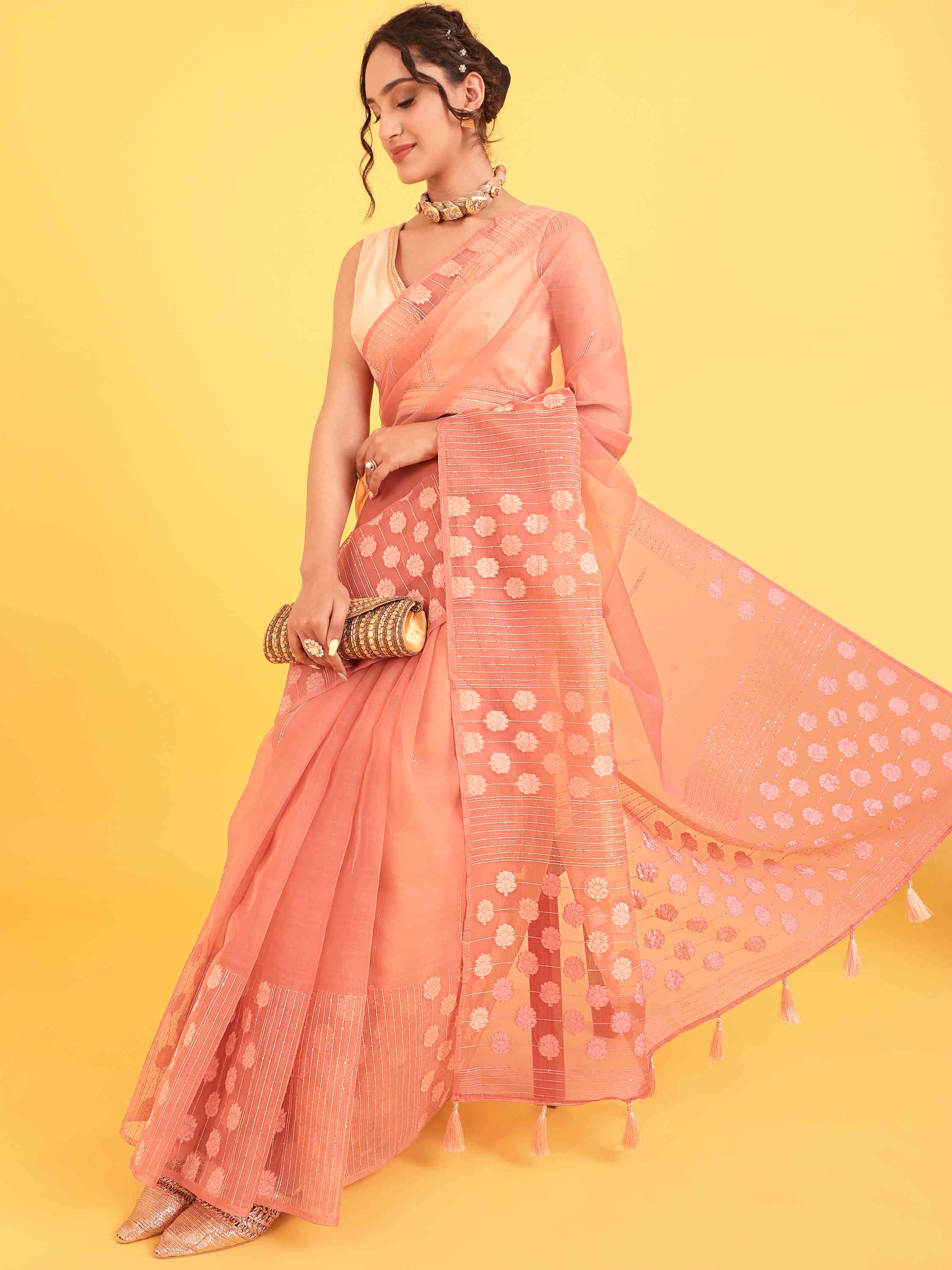 DUNGRANI MARIGOLD PEACH FEEZY ORGANZA SAREE WITH BLOUSE