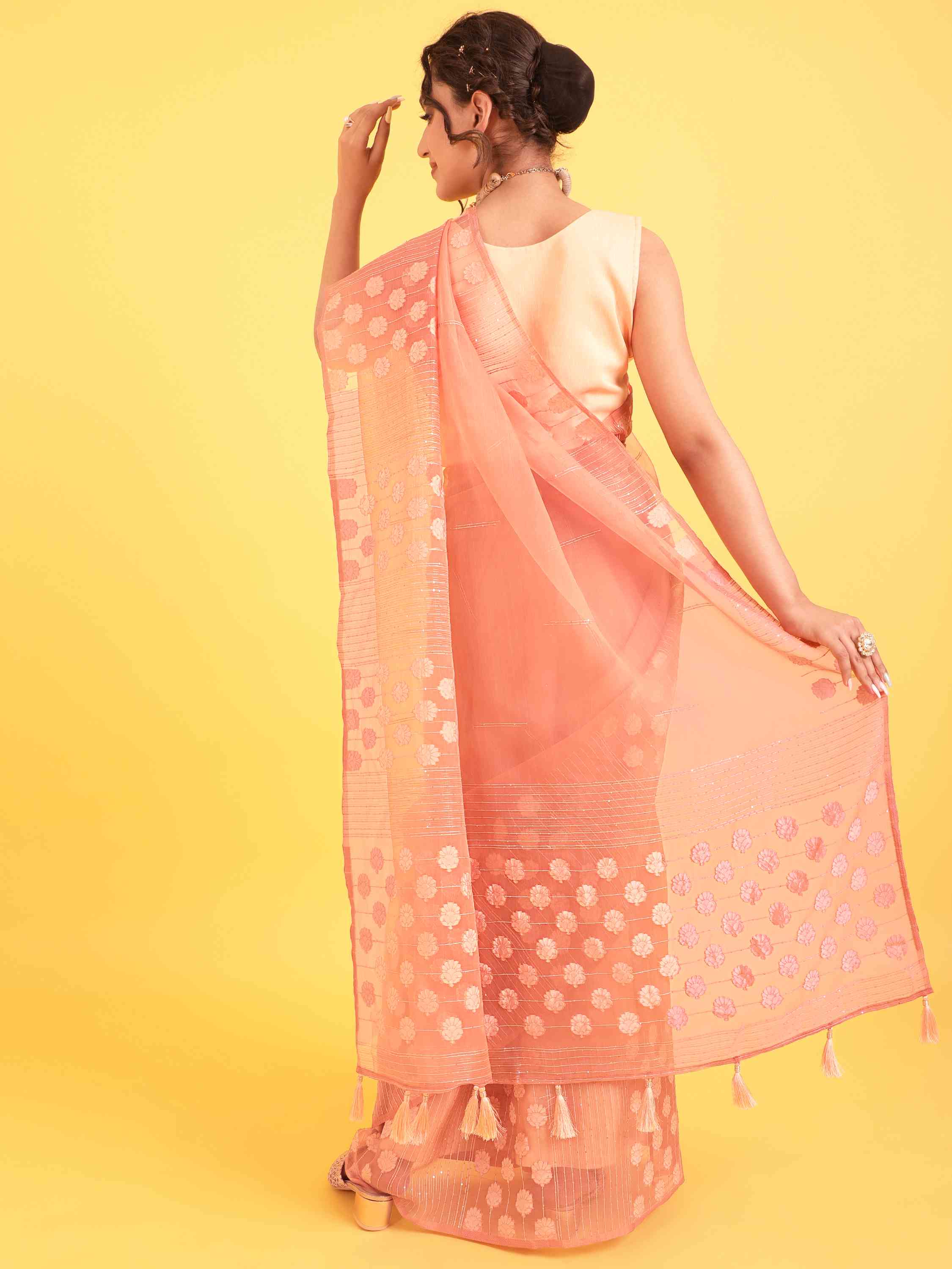 DUNGRANI MARIGOLD PEACH FEEZY ORGANZA SAREE WITH BLOUSE