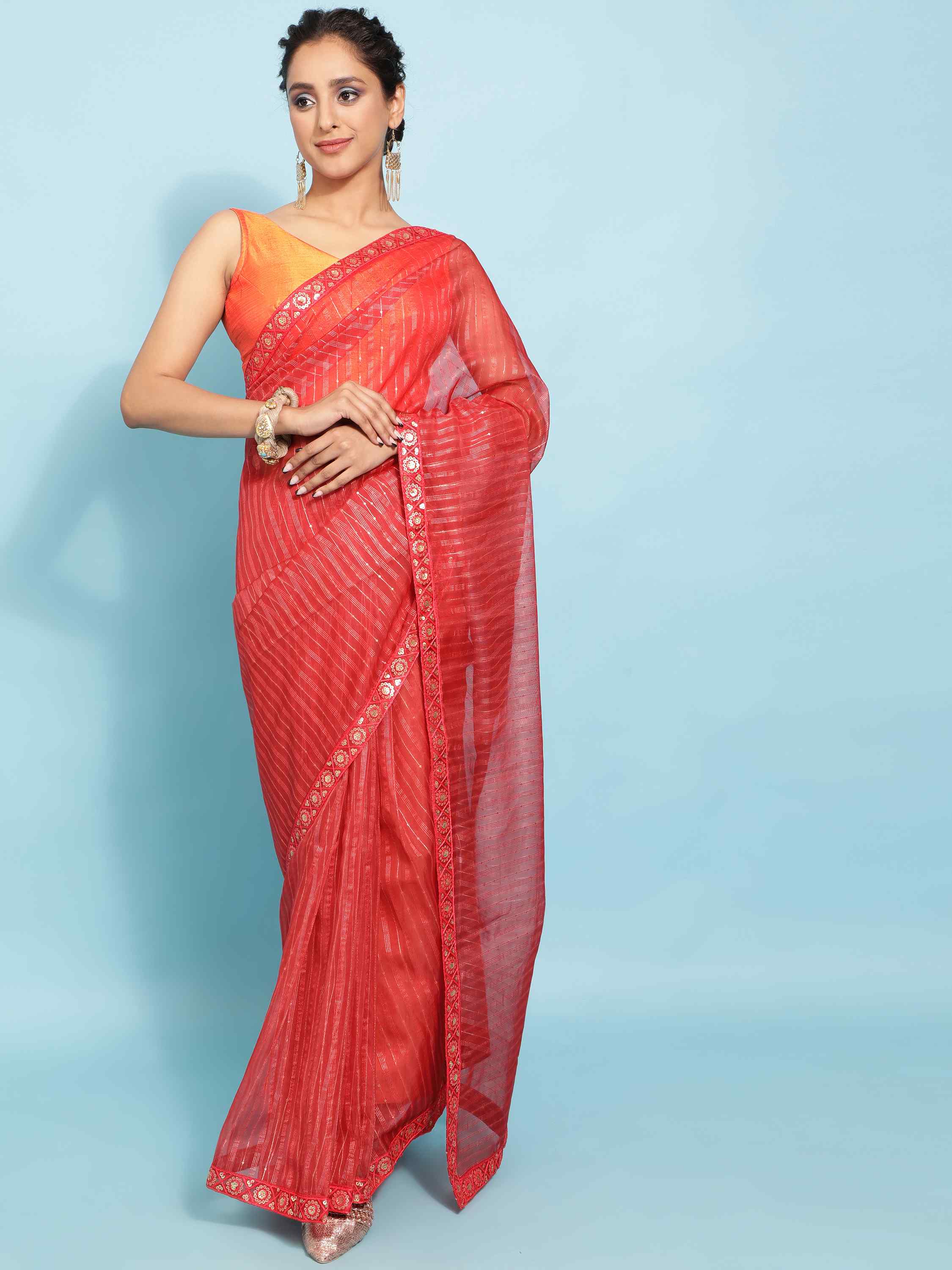 DUNGRANI RED POLO ORGANZA SOLID SAREE