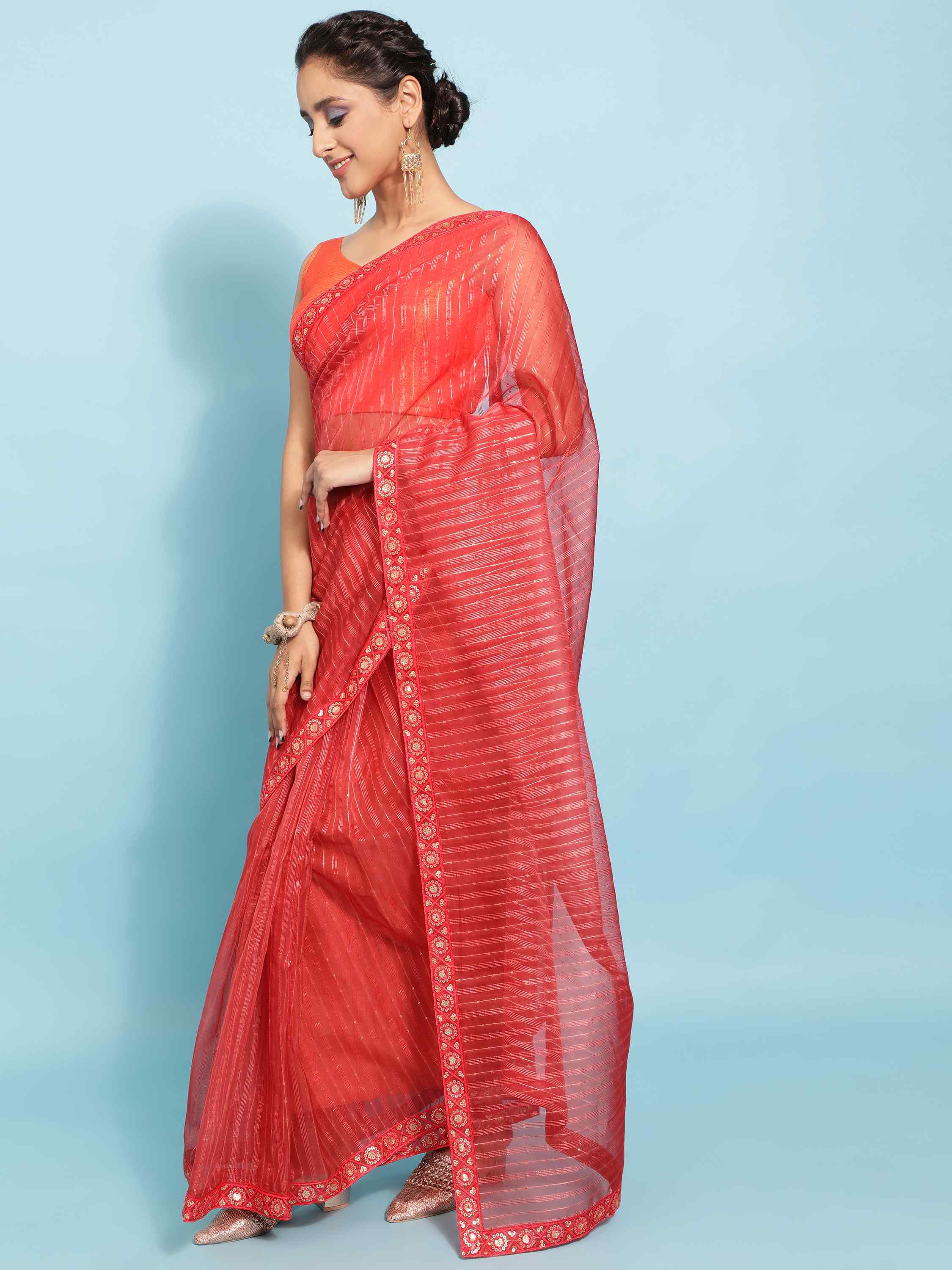 DUNGRANI RED POLO ORGANZA SOLID SAREE