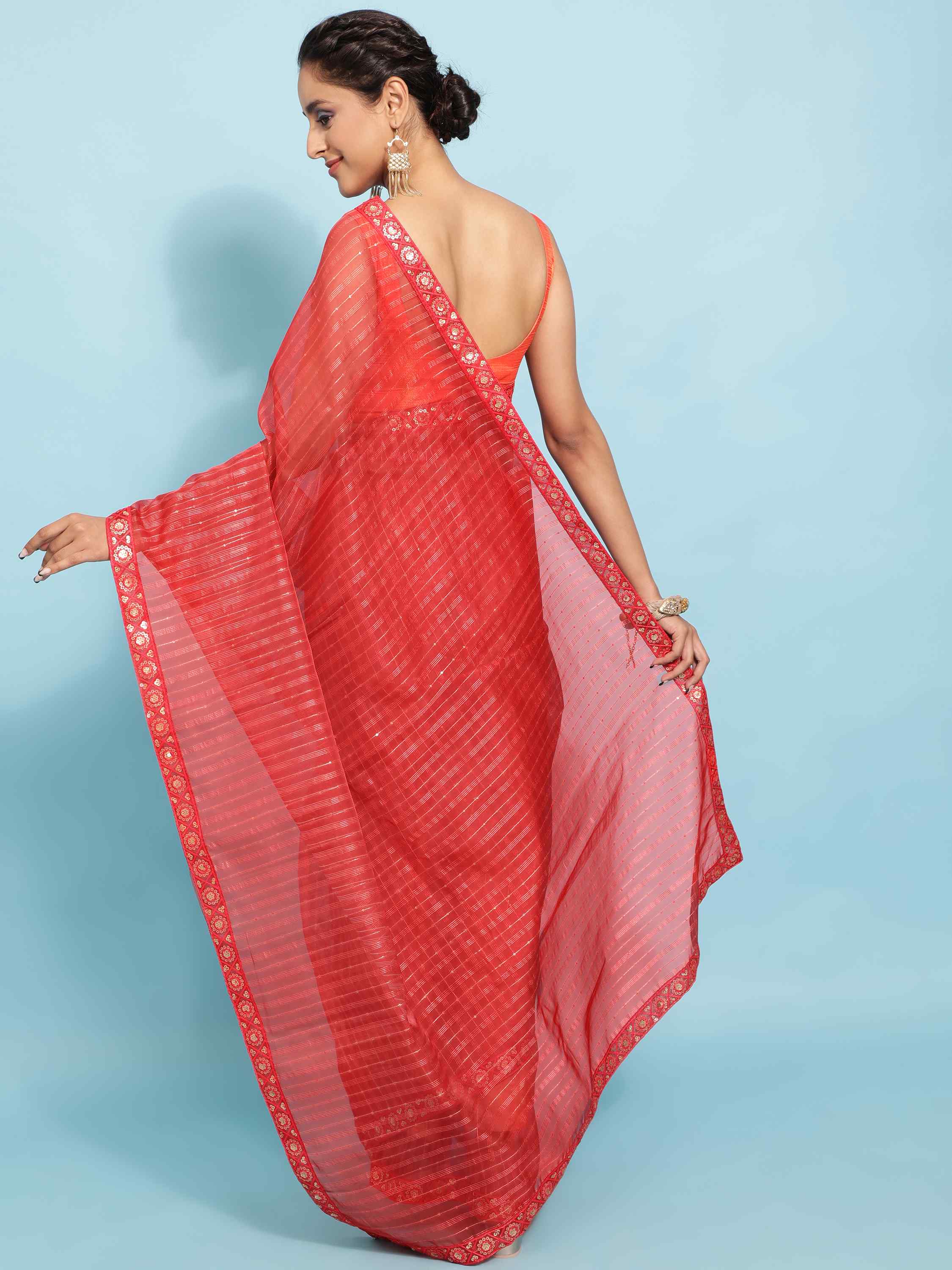 DUNGRANI RED POLO ORGANZA SOLID SAREE