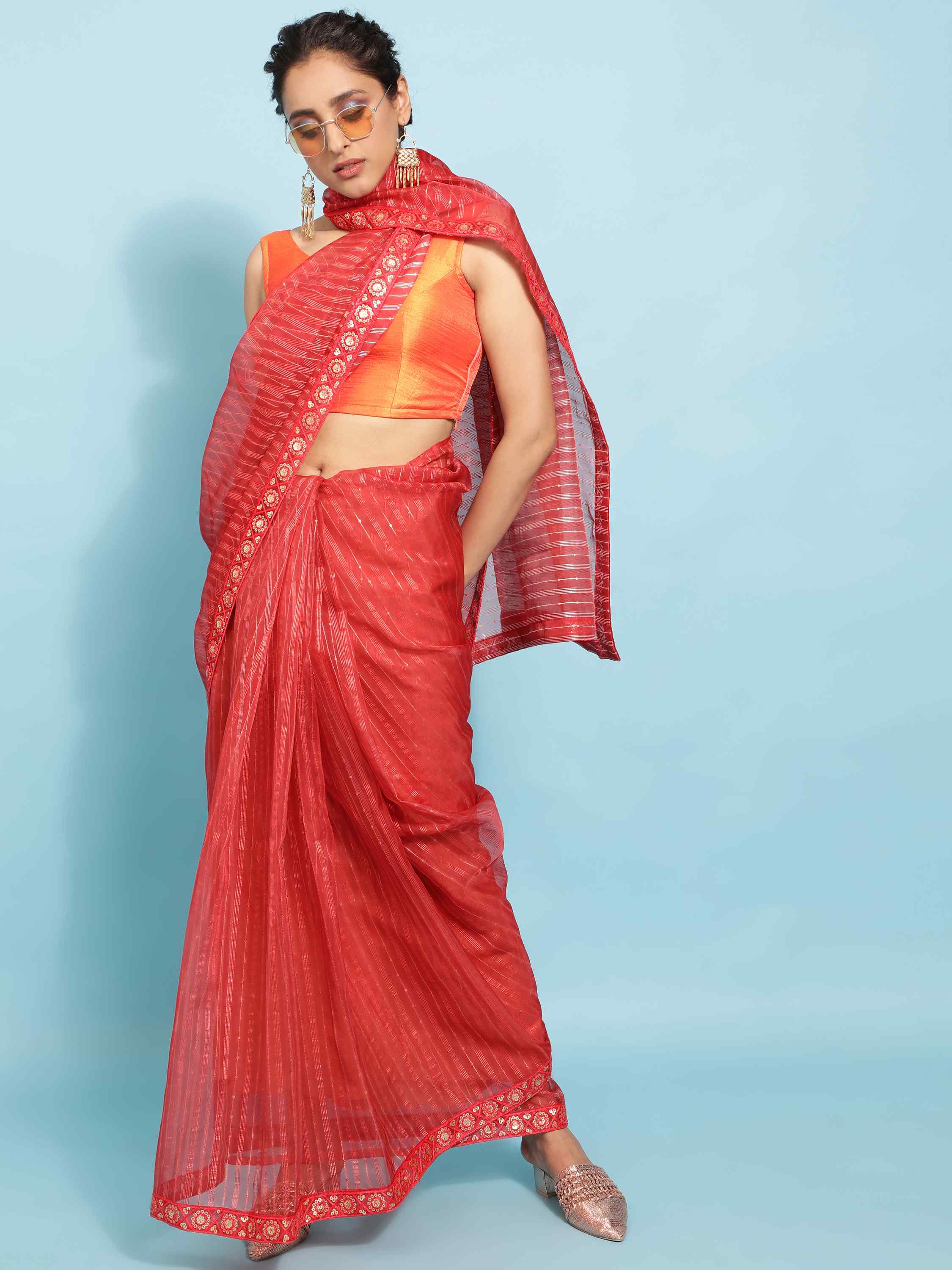 DUNGRANI RED POLO ORGANZA SOLID SAREE