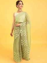 DUNGRANI MARIGOLD OLIVE GREEN FEEZY ORGANZA SAREE WITH BLOUSE