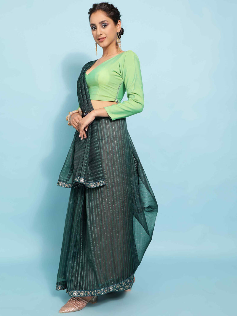 DUNGRANI BOTTLE GREEN POLO ORGANZA SOLID SAREE