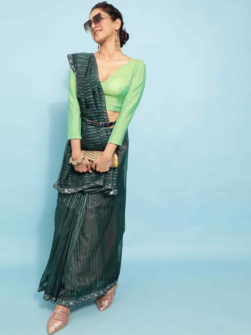 DUNGRANI BOTTLE GREEN POLO ORGANZA SOLID SAREE