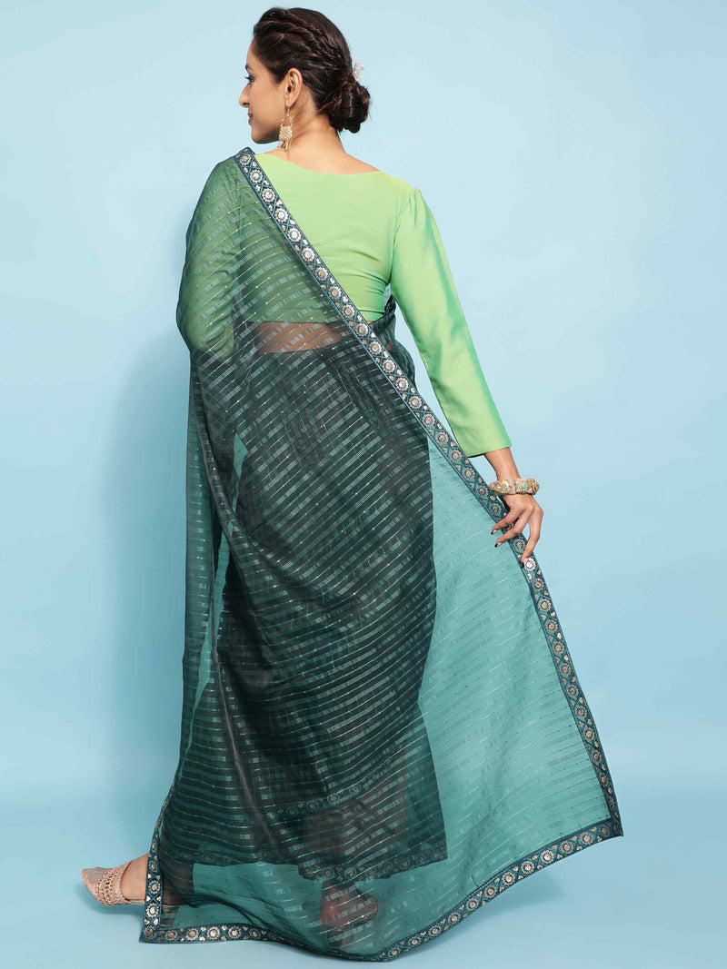 DUNGRANI BOTTLE GREEN POLO ORGANZA SOLID SAREE