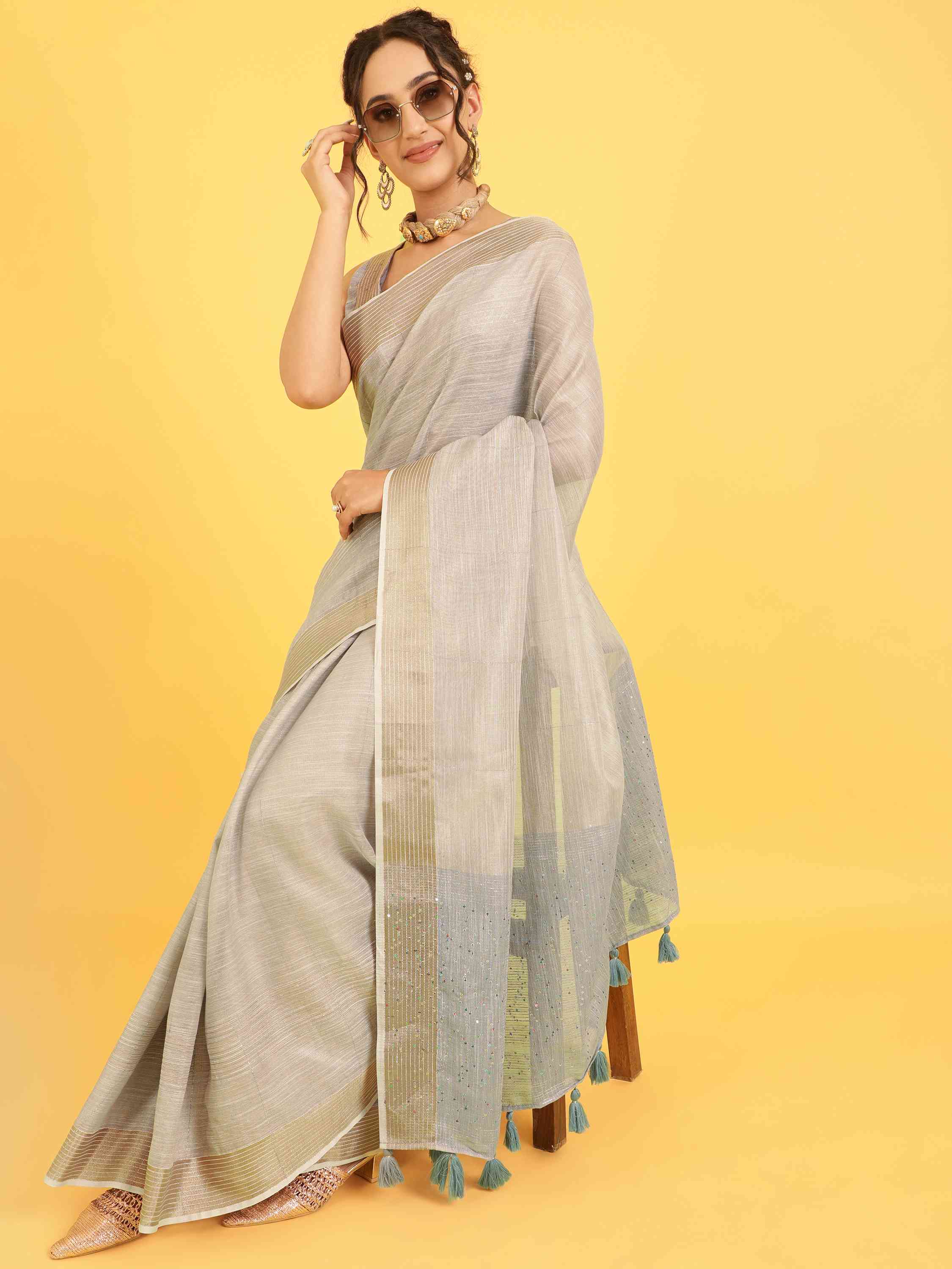 RAINBOW GRAY COTTON TISSUE SAREE