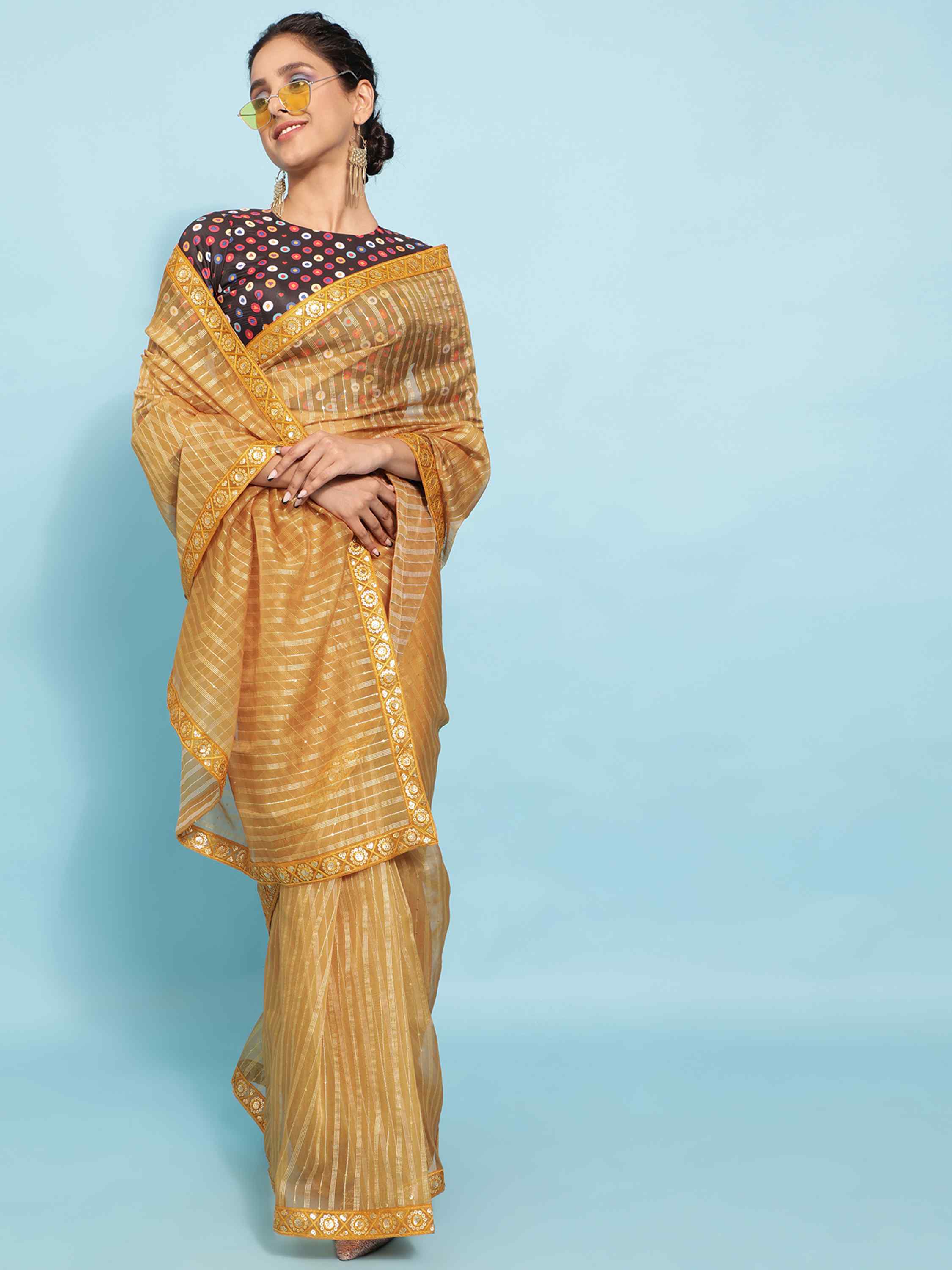 MUSTARD YELLOW POLO ORGANZA SOLID SAREE