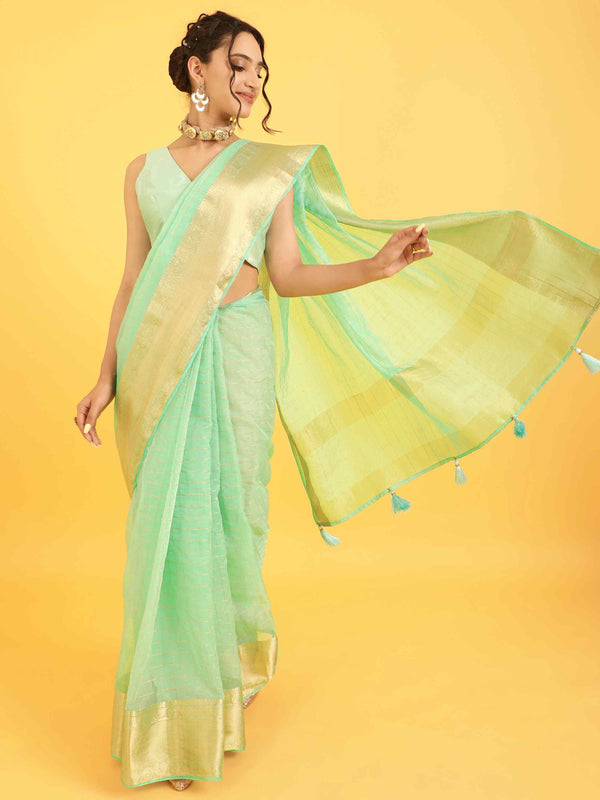 DUNGRANI TURQUOISE ORGANZA CHEX SAREE WITH BLOUSE