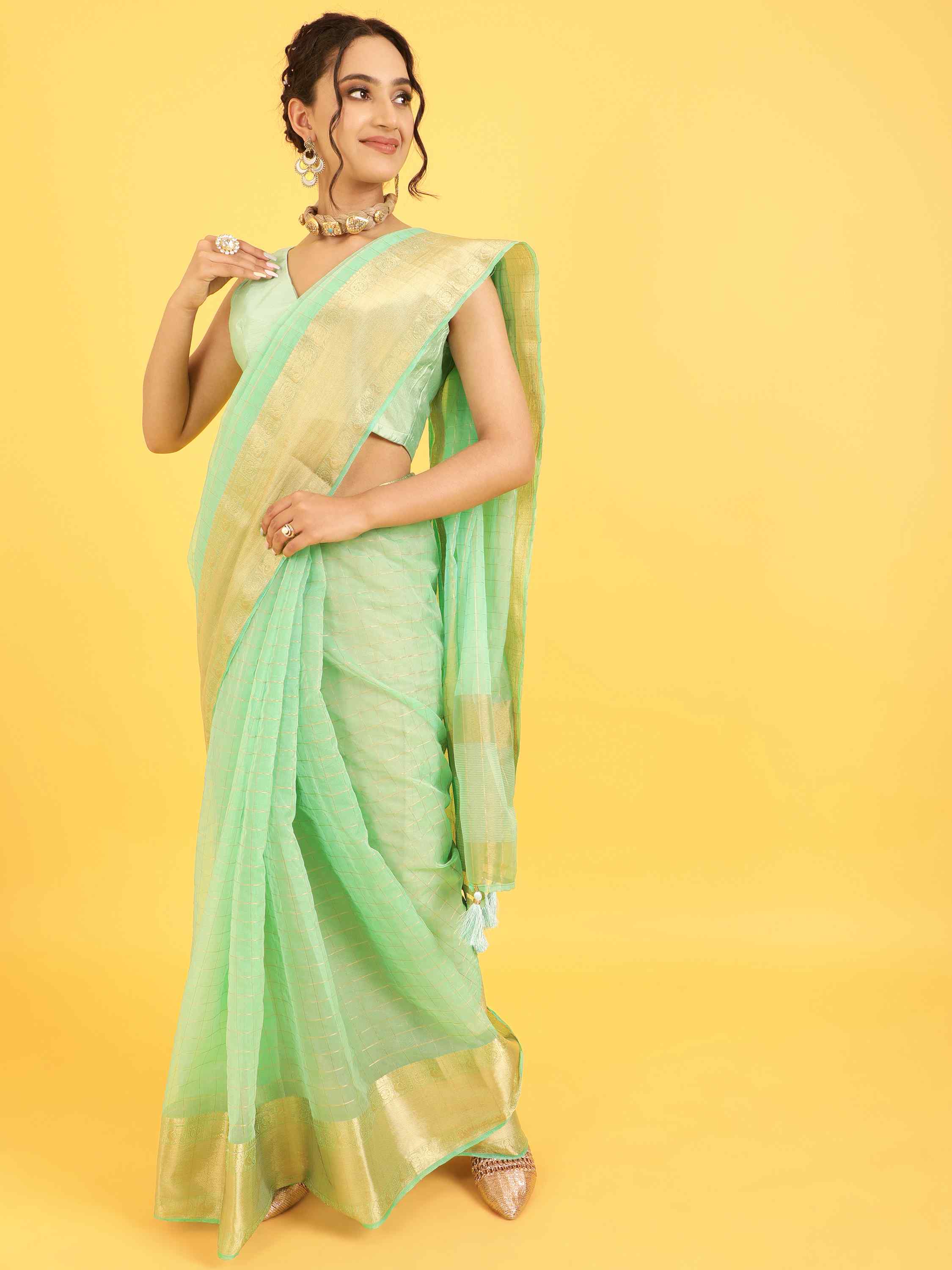 DUNGRANI TURQUOISE ORGANZA CHEX SAREE WITH BLOUSE