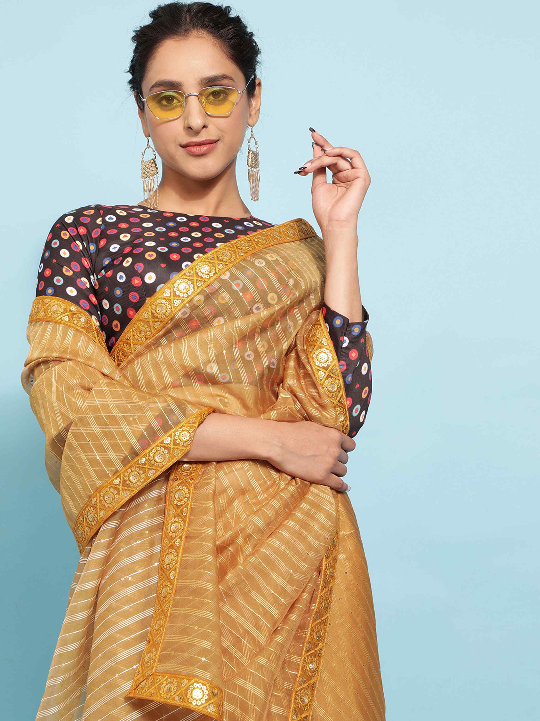 MUSTARD YELLOW POLO ORGANZA SOLID SAREE