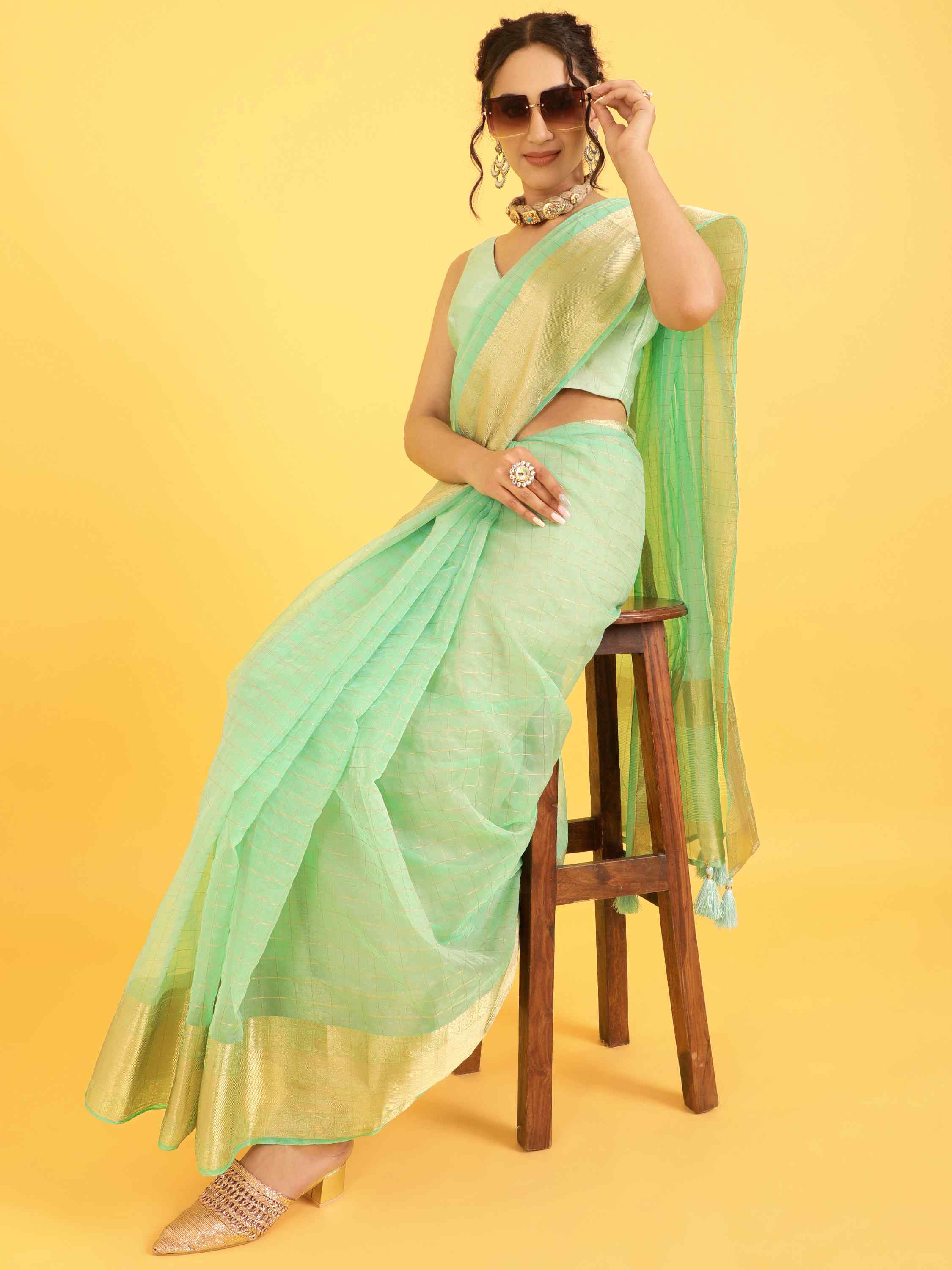 DUNGRANI TURQUOISE ORGANZA CHEX SAREE WITH BLOUSE