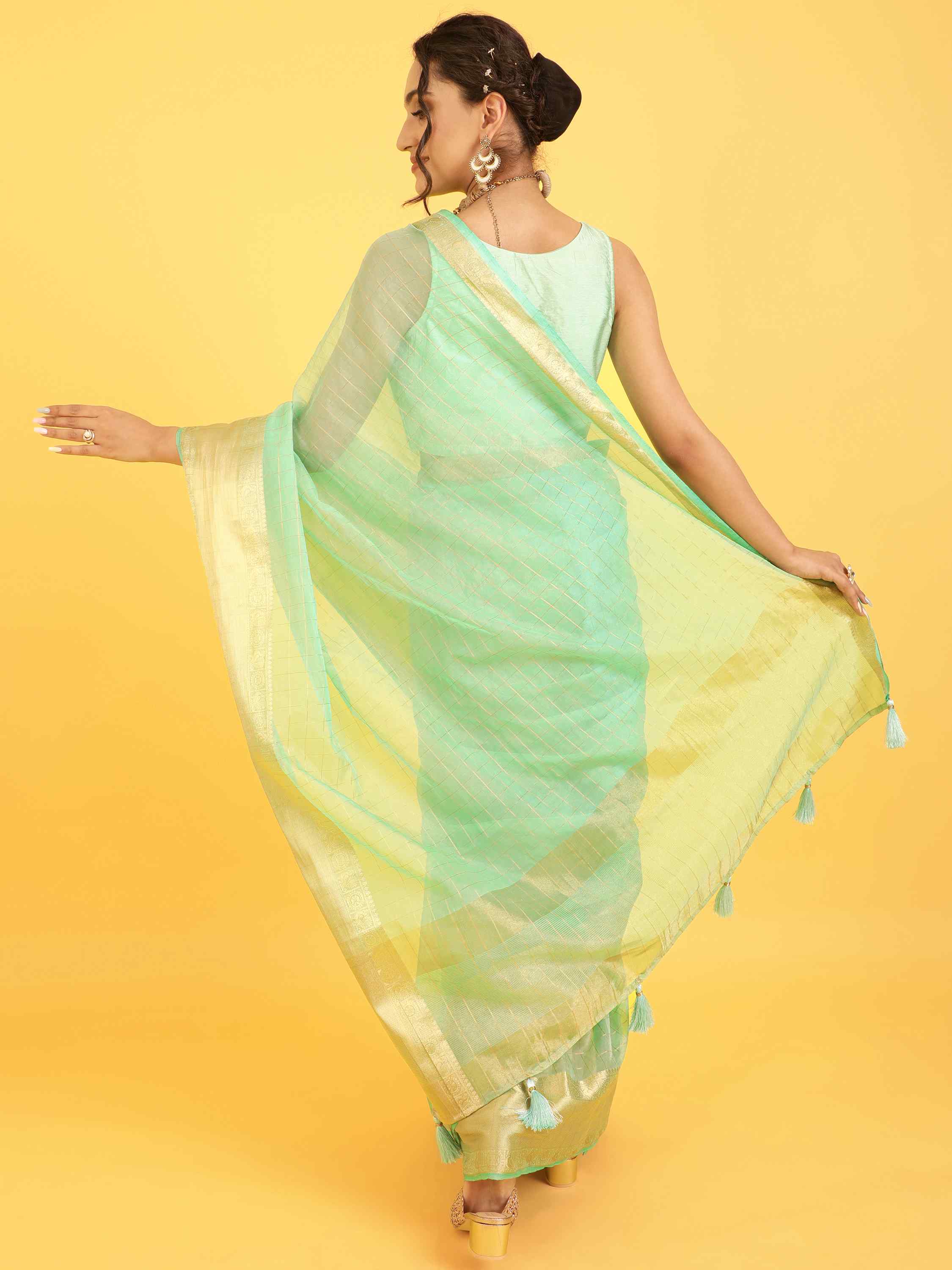 DUNGRANI TURQUOISE ORGANZA CHEX SAREE WITH BLOUSE