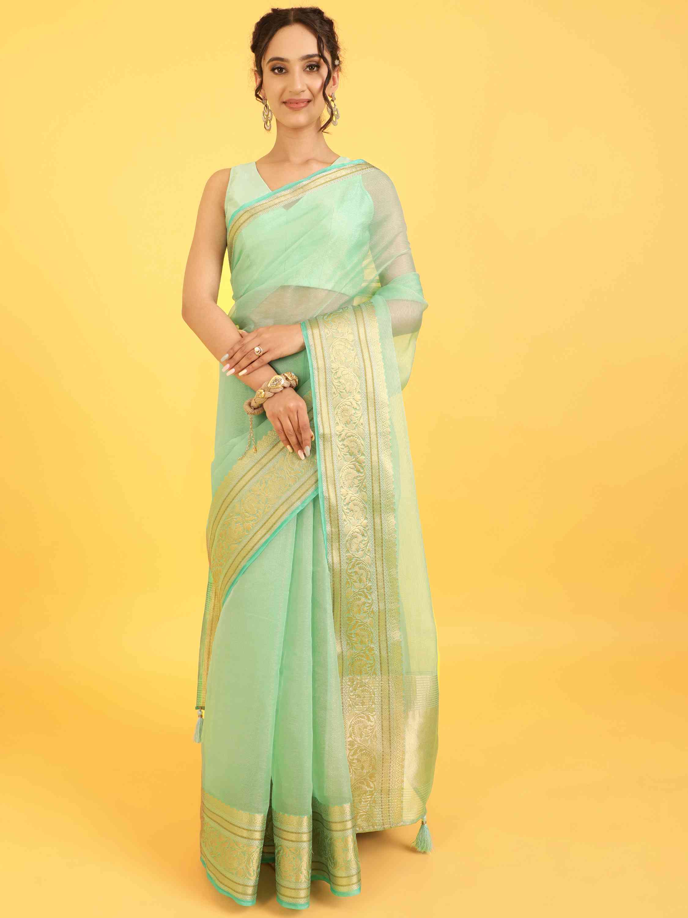 TURQUOISE ORGANZA TISSUE SILK SAREE WITH BLOUSE