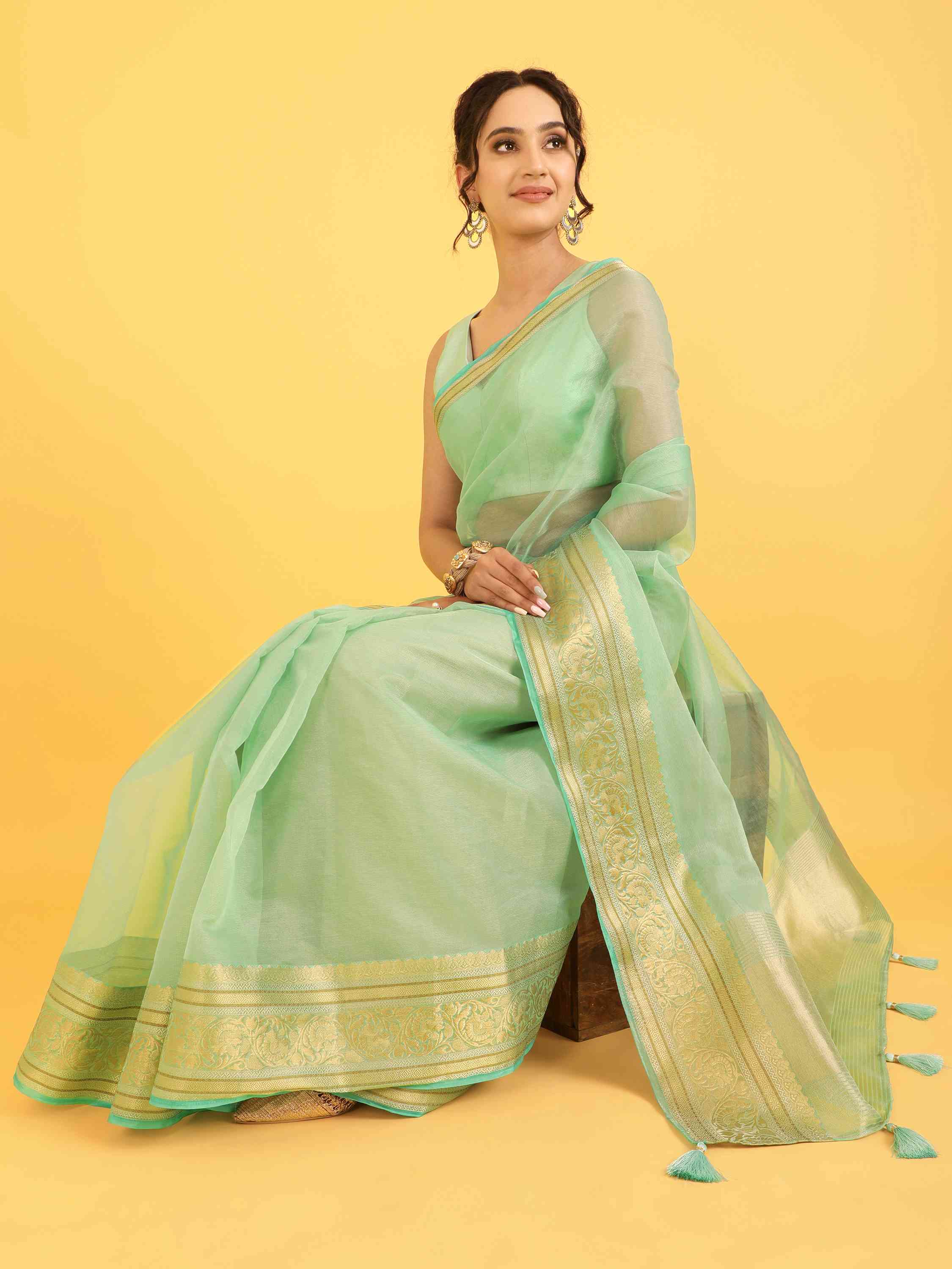 TURQUOISE ORGANZA TISSUE SILK SAREE WITH BLOUSE