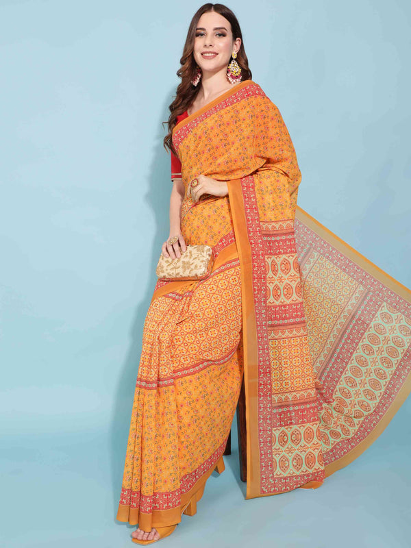 DUNGRANI YELLOW GEORGETTE PRINTED SAREE WITH BLOUSE