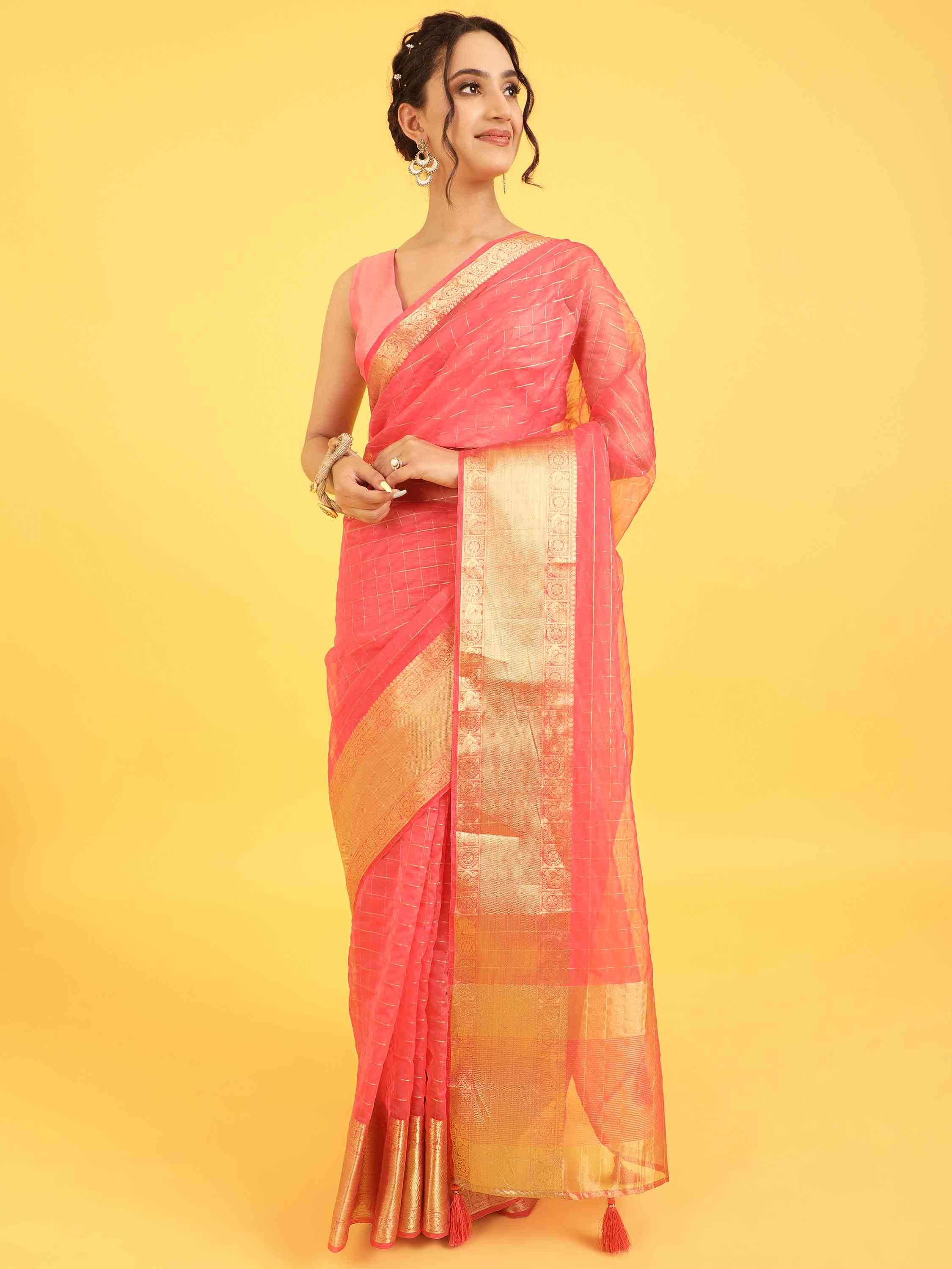 DUNGRANI PINK ORGANZA CHEX SAREE WITH BLOUSE