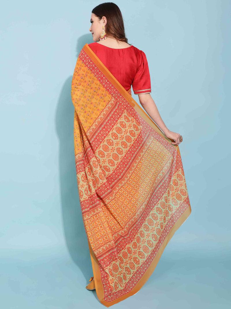 DUNGRANI YELLOW GEORGETTE PRINTED SAREE WITH BLOUSE