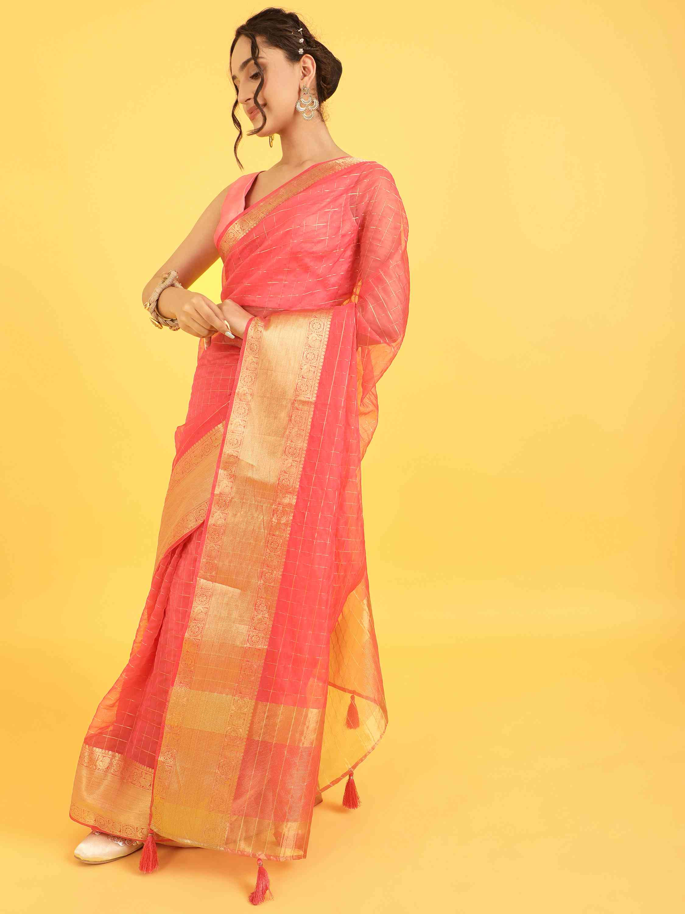 DUNGRANI PINK ORGANZA CHEX SAREE WITH BLOUSE