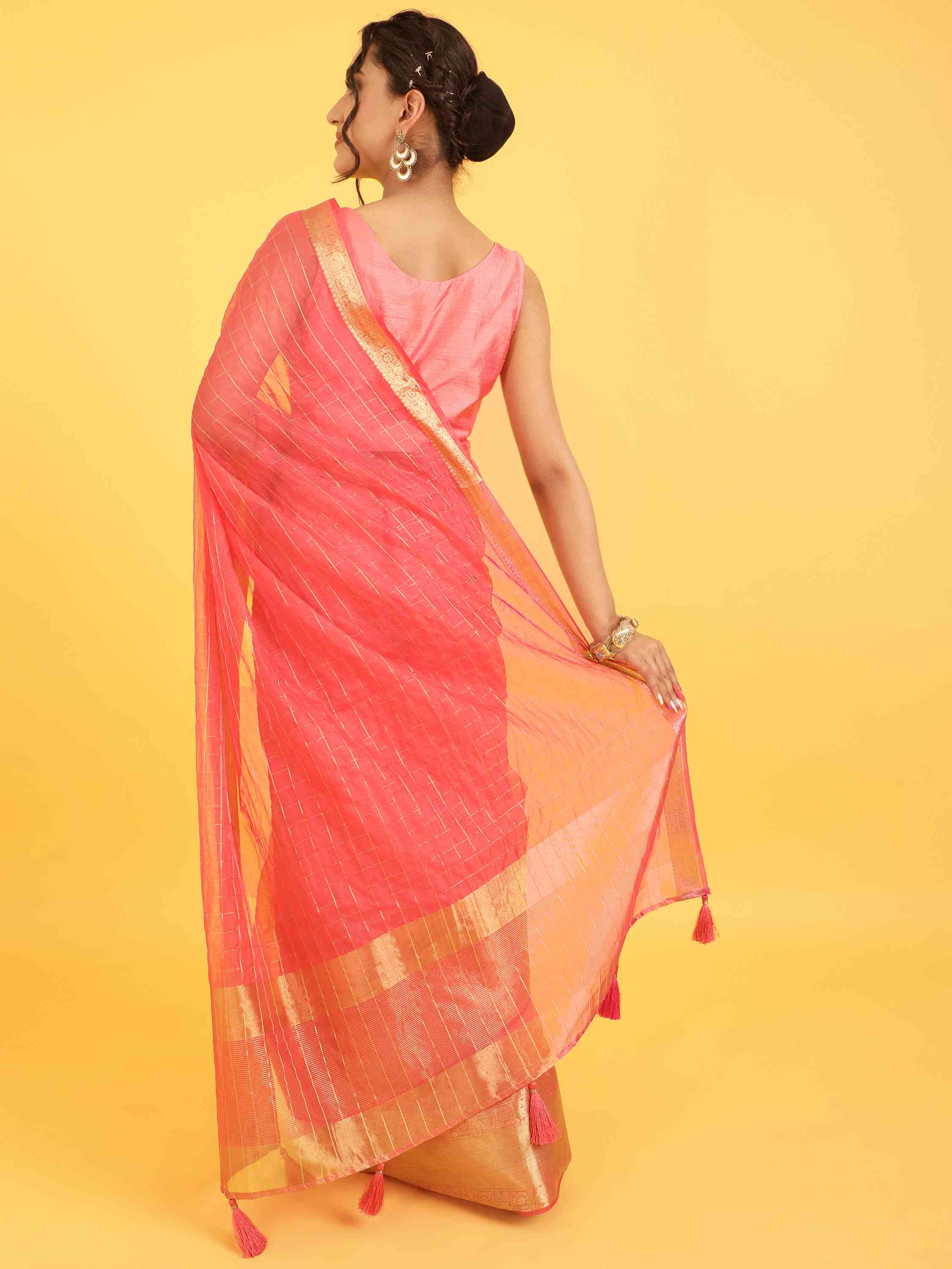 DUNGRANI PINK ORGANZA CHEX SAREE WITH BLOUSE