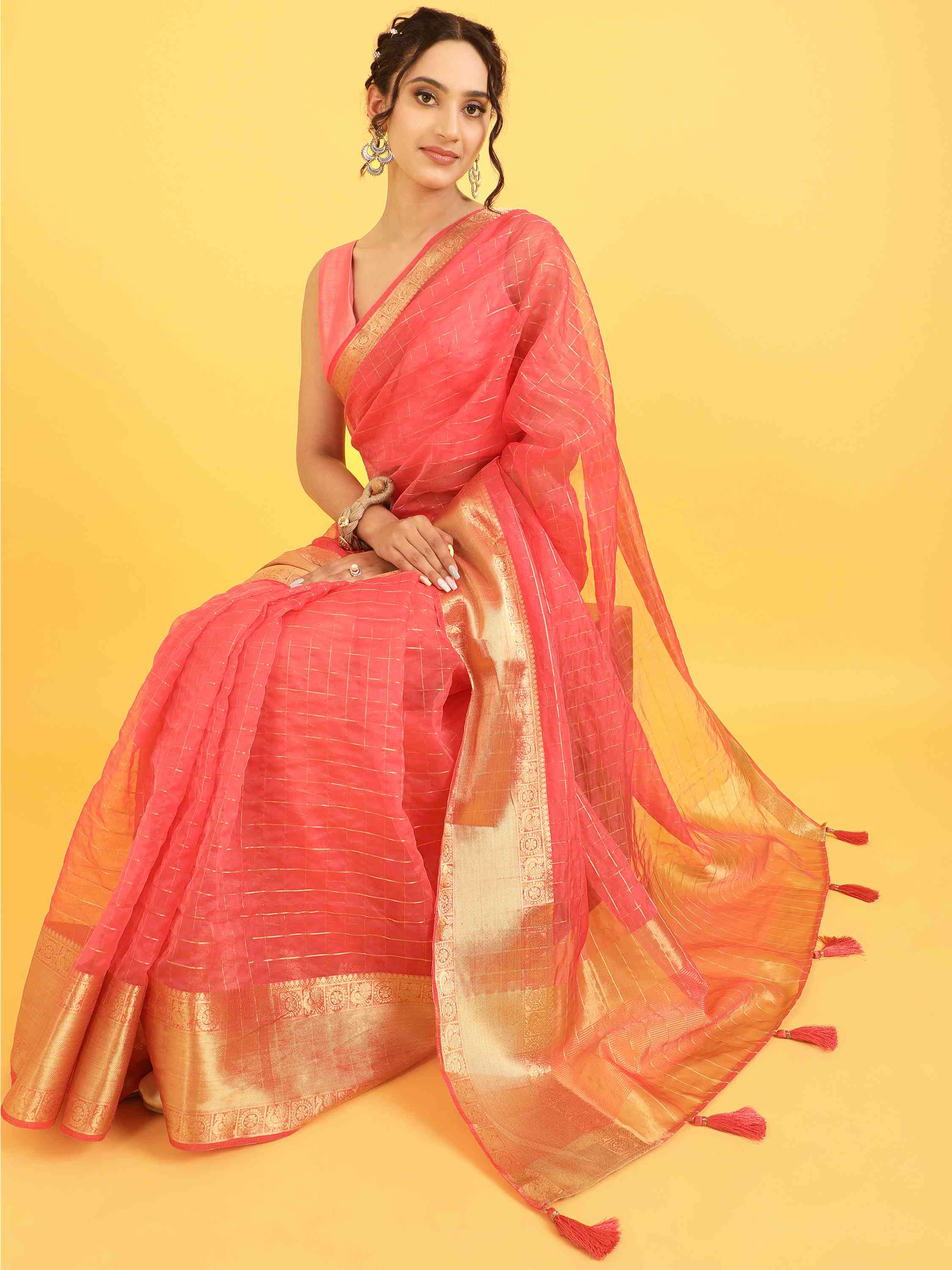 DUNGRANI PINK ORGANZA CHEX SAREE WITH BLOUSE