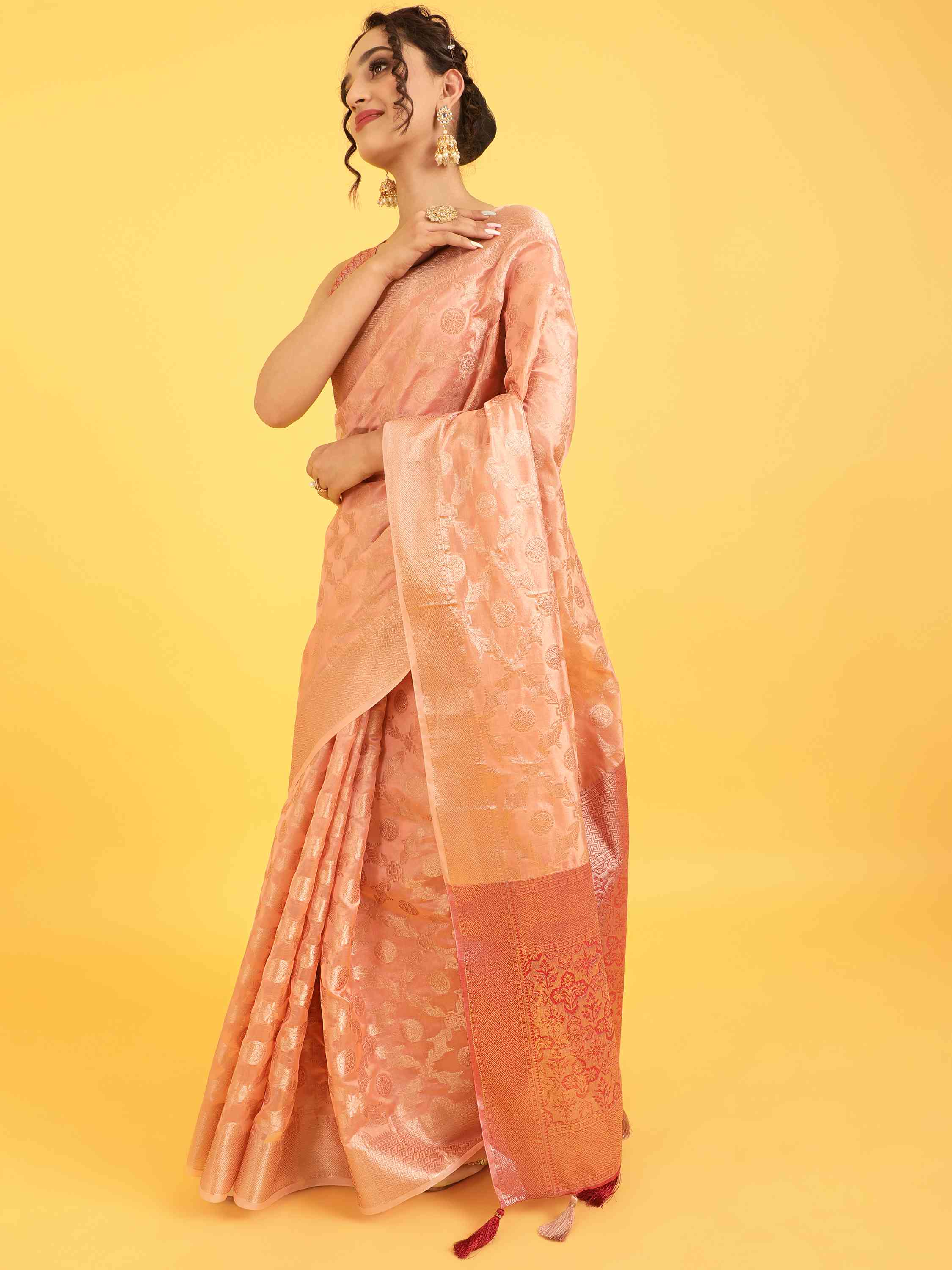 PEACH BANARASI ORGANZA SILK SAREE