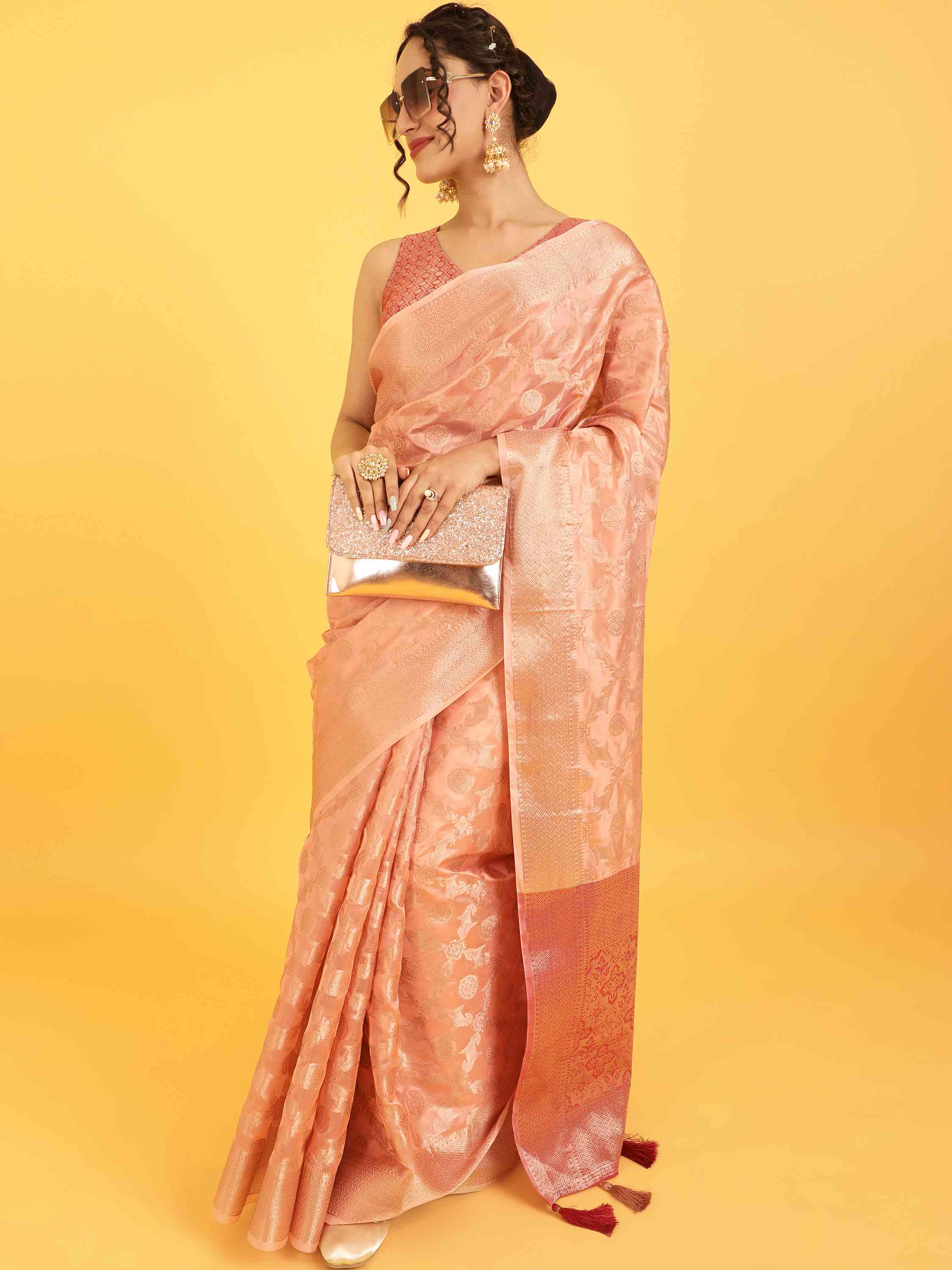 PEACH BANARASI ORGANZA SILK SAREE