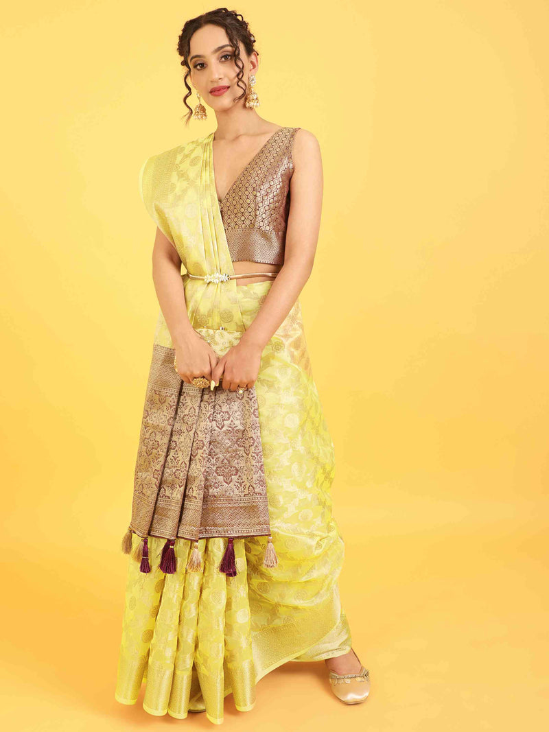 DUNGRANI YELLOW BANARASI ORGANZA SILK SAREE