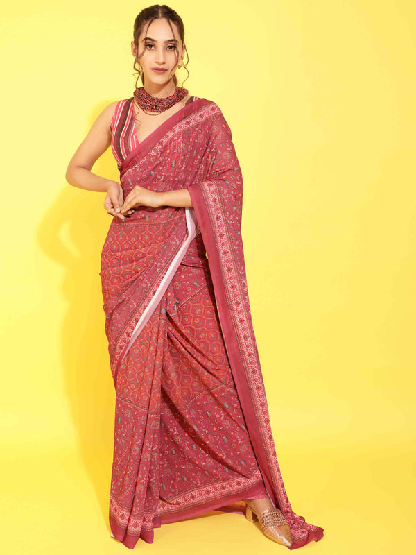 DUNGRANI RED GEORGETTE PRINTED SAREE WITH BLOUSE