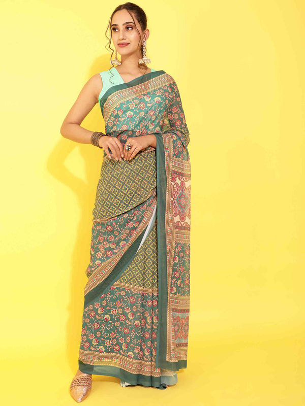 DUNGRANI BLUE GEORGETTE PRINTED SAREE WITH BLOUSE