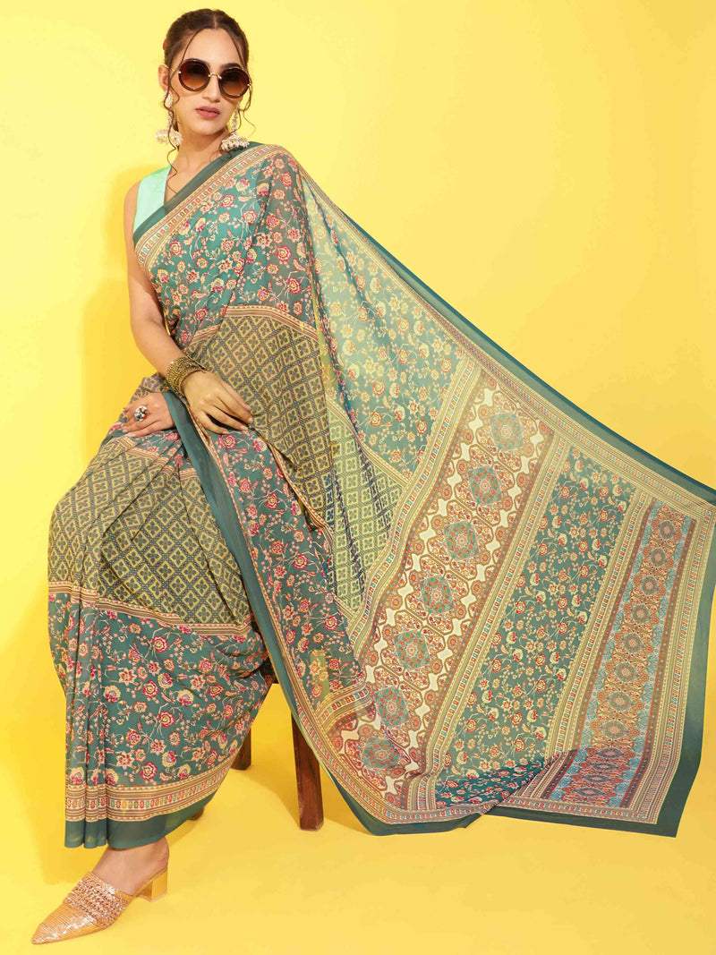 DUNGRANI BLUE GEORGETTE PRINTED SAREE WITH BLOUSE