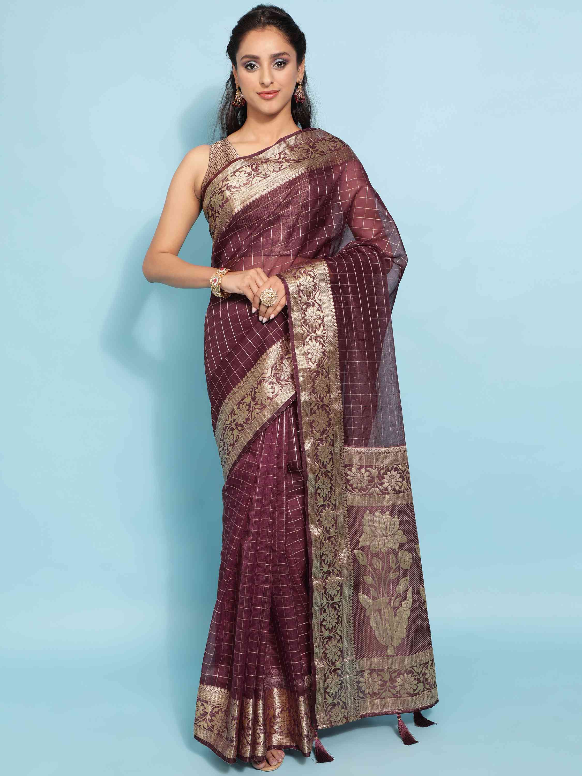 DUNGRANI WINE BANARASI ORGANZA CHEX SILK SAREE