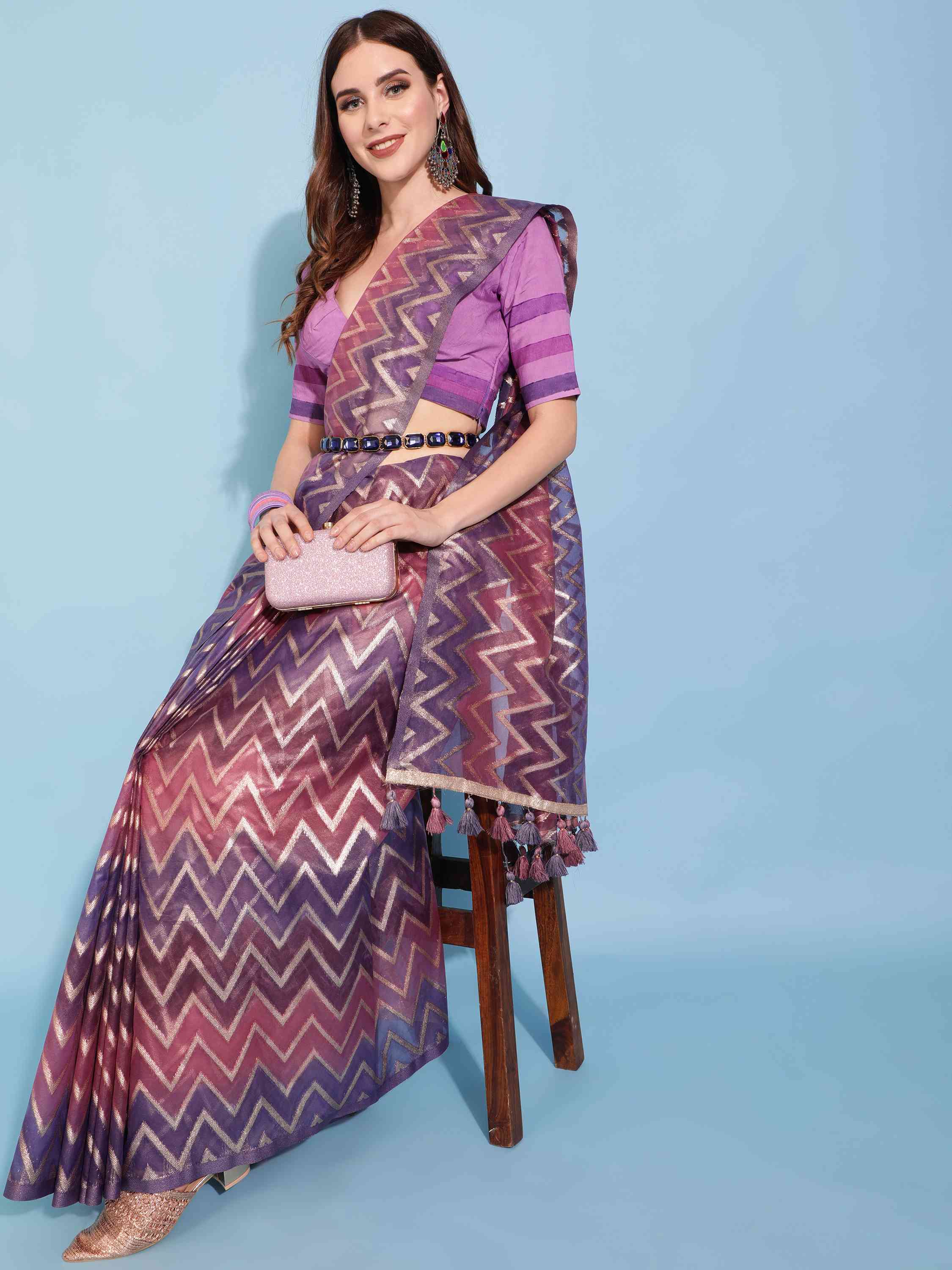 PURPLE ORGANZA CHEVRON SAREE