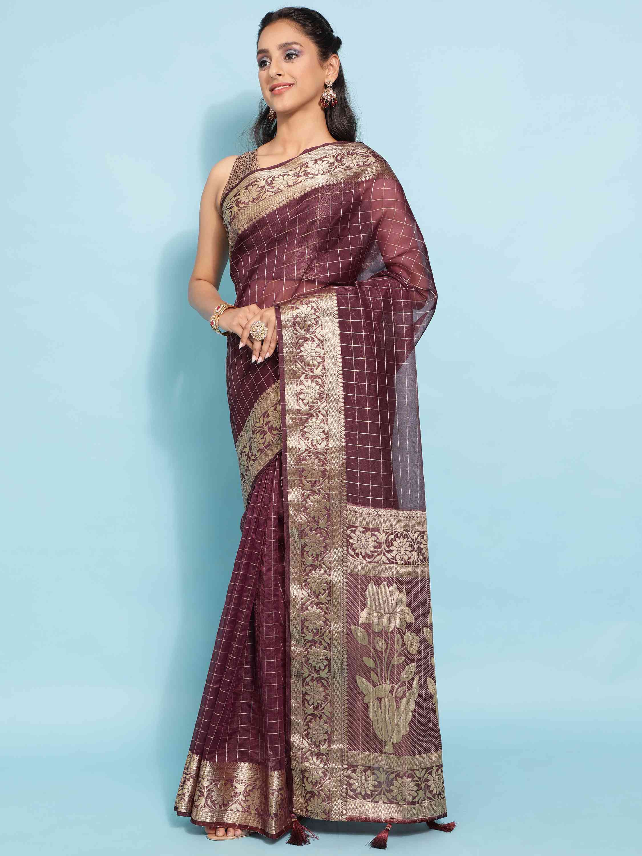 DUNGRANI WINE BANARASI ORGANZA CHEX SILK SAREE